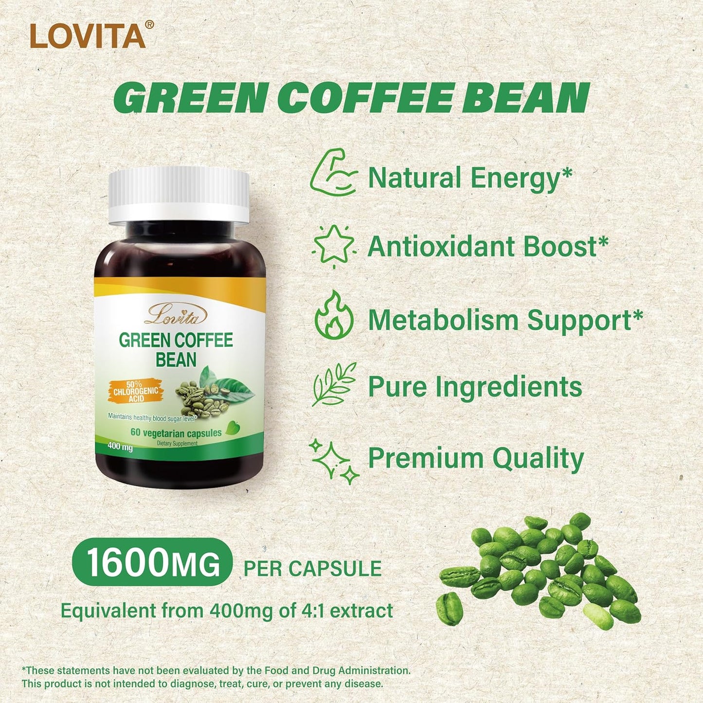 High Potency Lovita Green Coffee Bean Extract - 1600mg, 50% Chlorogenic Acid, Natural Antioxidant Vegan Supplement - 60 Capsules