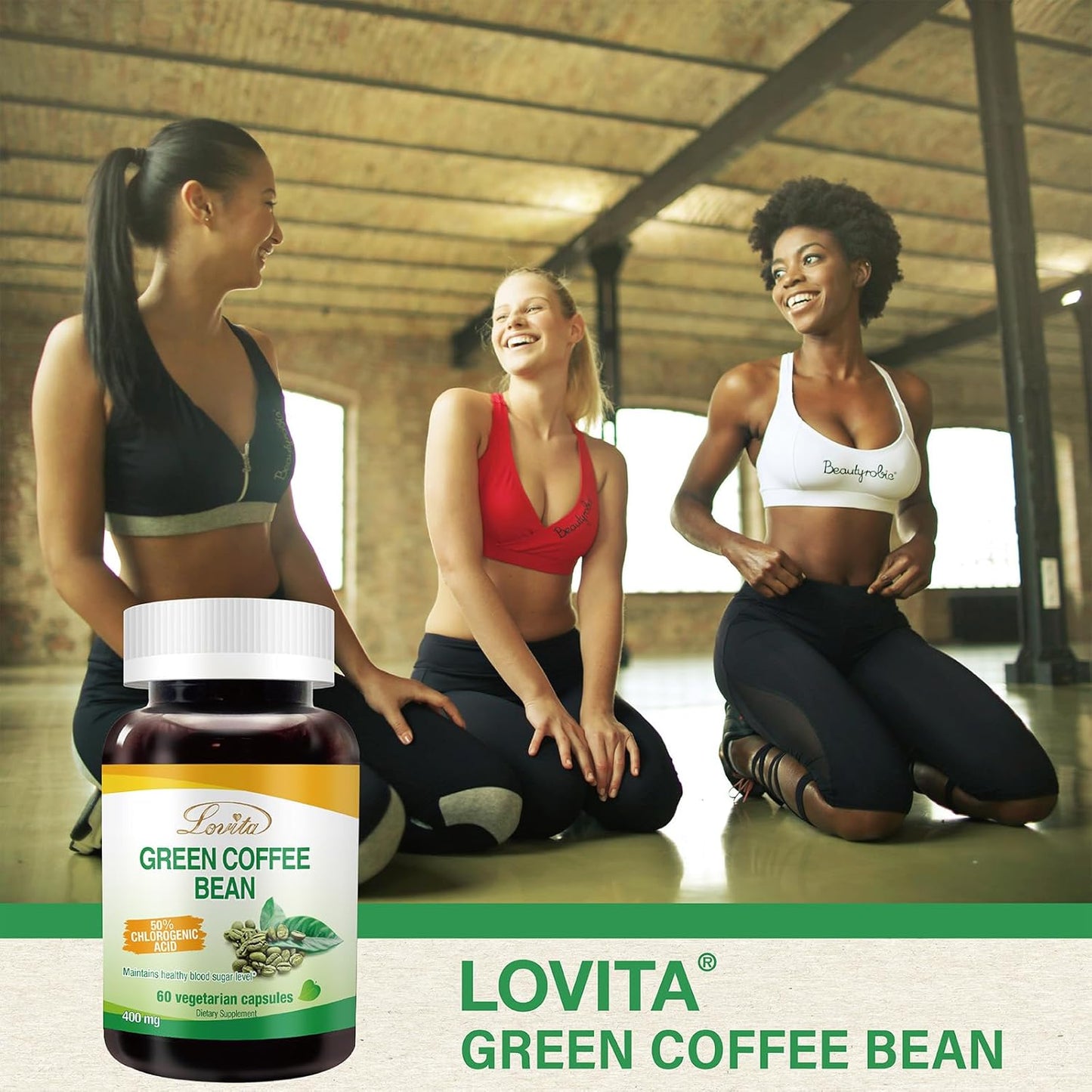 High Potency Lovita Green Coffee Bean Extract - 1600mg, 50% Chlorogenic Acid, Natural Antioxidant Vegan Supplement - 60 Capsules