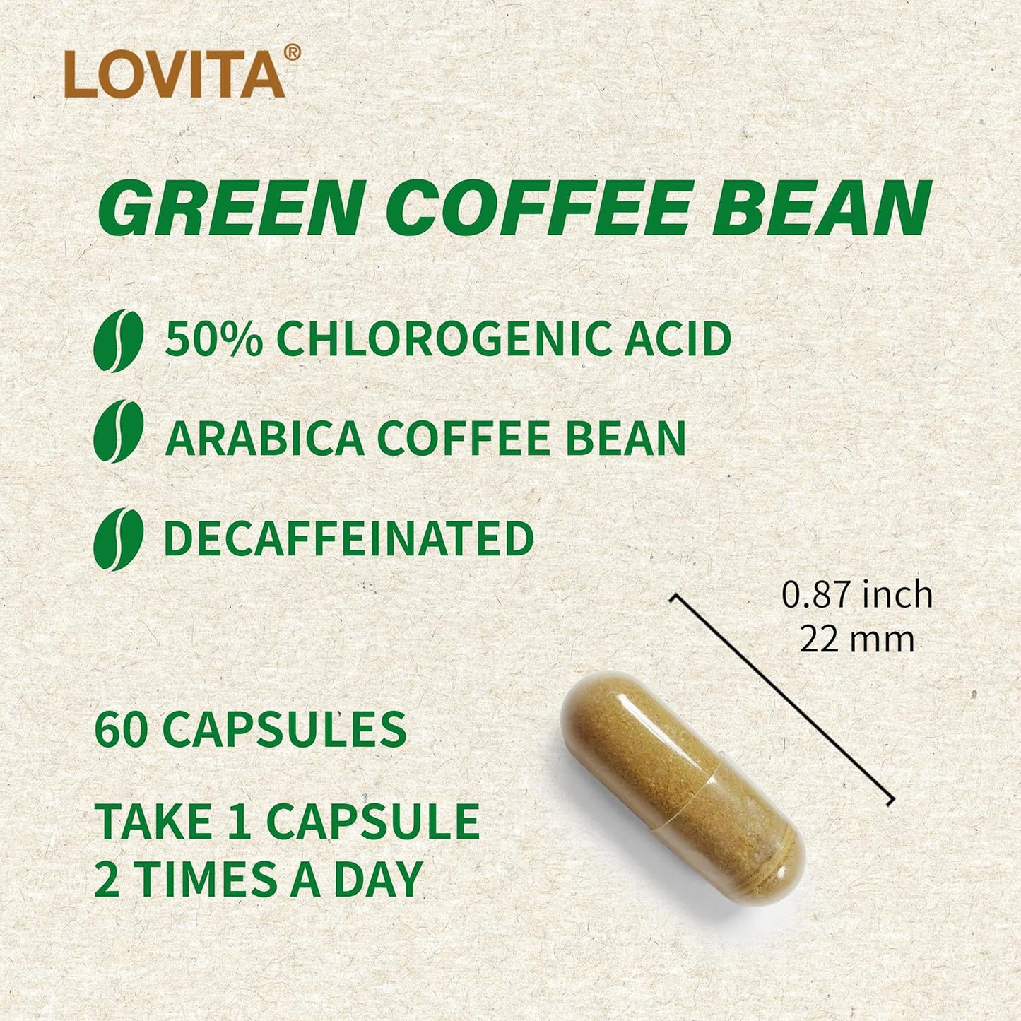 High Potency Lovita Green Coffee Bean Extract - 1600mg, 50% Chlorogenic Acid, Natural Antioxidant Vegan Supplement - 60 Capsules