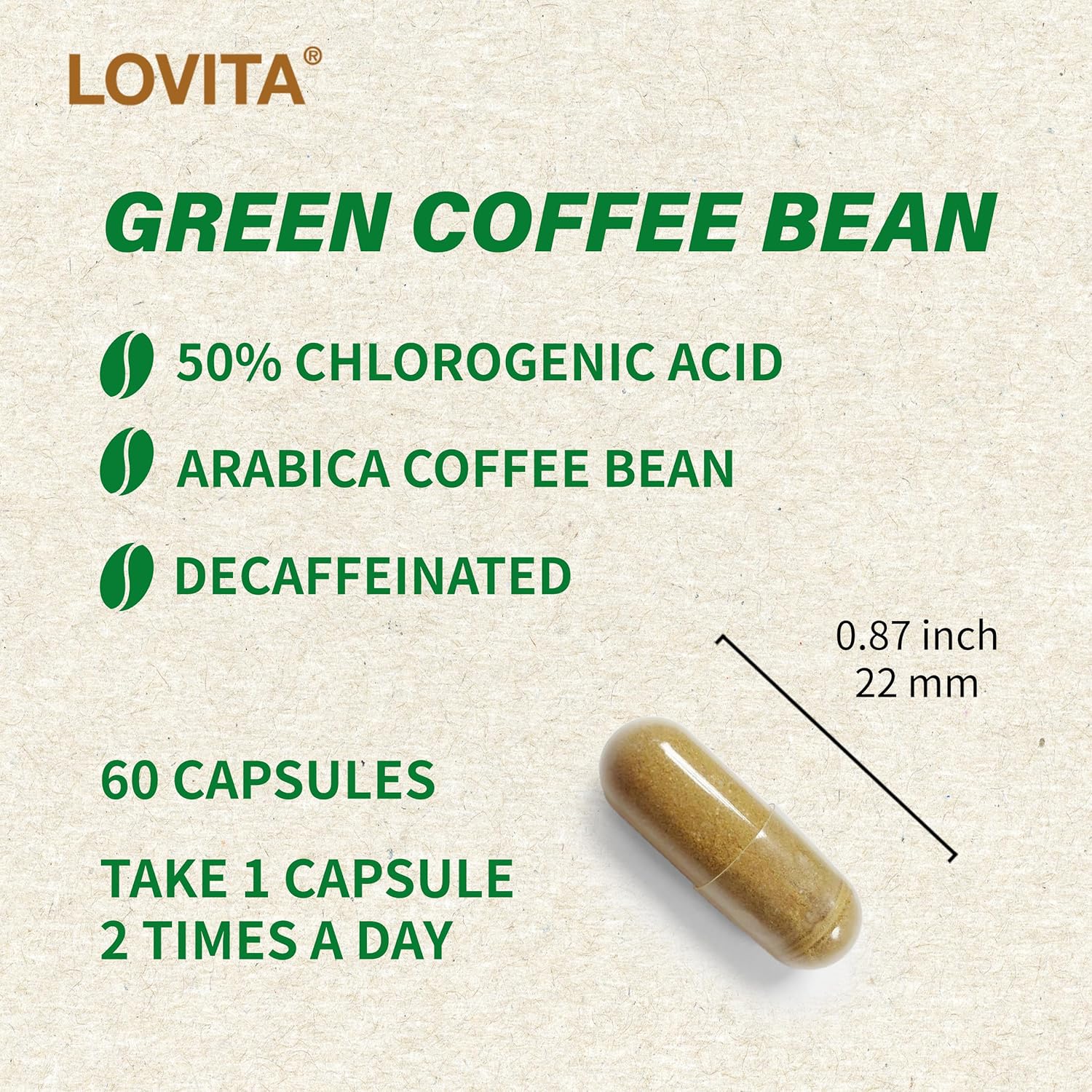 High Potency Lovita Green Coffee Bean Extract - 1600mg, 50% Chlorogenic Acid, Natural Antioxidant Vegan Supplement - 60 Capsules