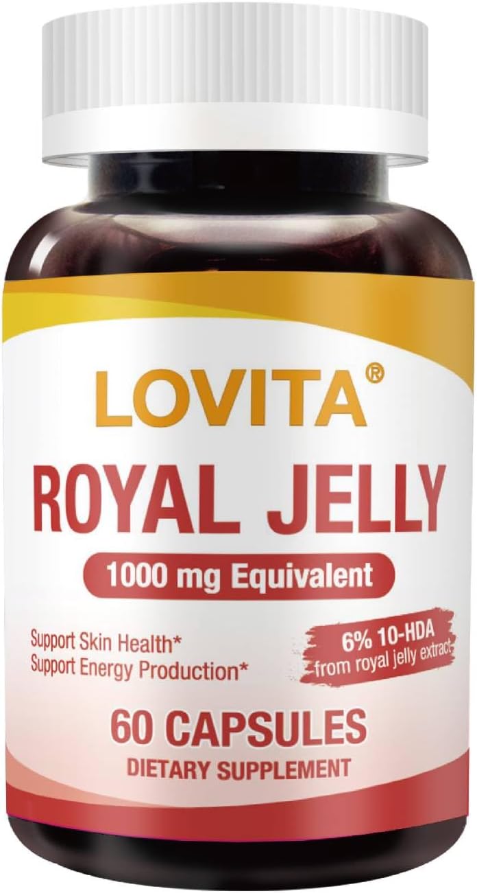 High-Potency Lovita Royal Jelly Capsules - 333mg, 3:1 Concentrate with 20mg 10-HDA - Supports Skin Health & Energy - Natural Superfood - 60 Count