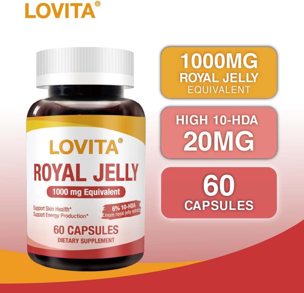 High-Potency Lovita Royal Jelly Capsules - 333mg, 3:1 Concentrate with 20mg 10-HDA - Supports Skin Health & Energy - Natural Superfood - 60 Count