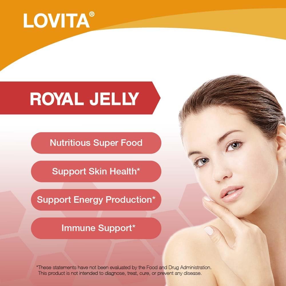 High-Potency Lovita Royal Jelly Capsules - 333mg, 3:1 Concentrate with 20mg 10-HDA - Supports Skin Health & Energy - Natural Superfood - 60 Count