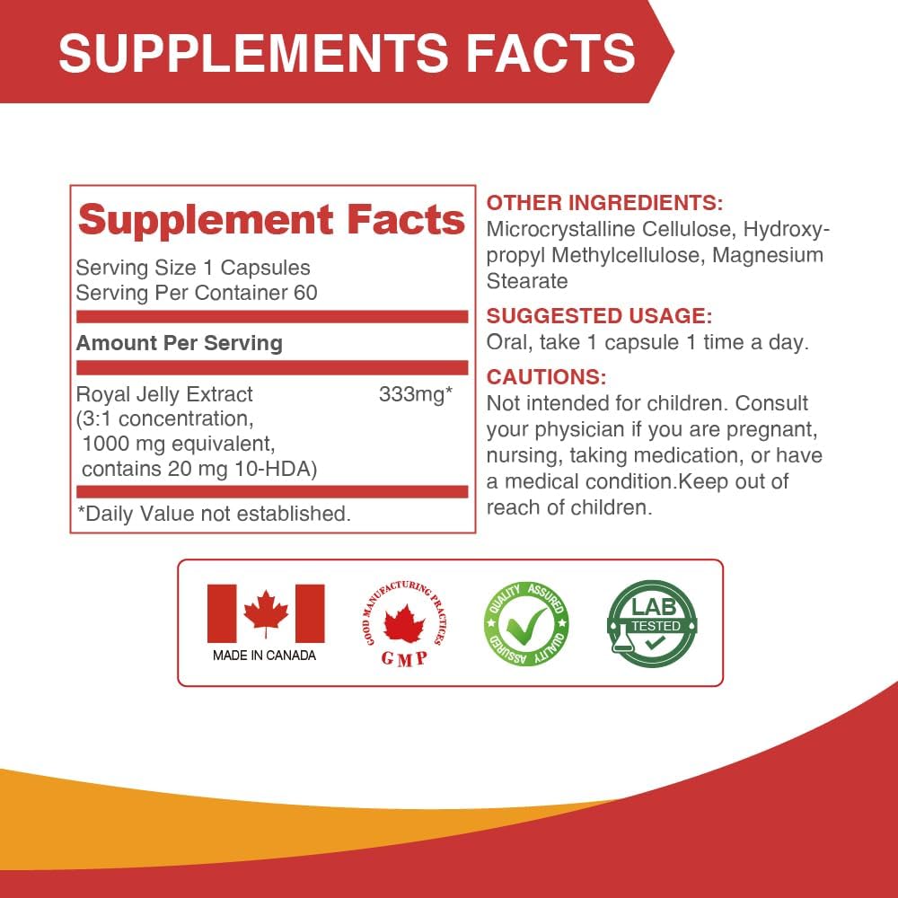 High-Potency Lovita Royal Jelly Capsules - 333mg, 3:1 Concentrate with 20mg 10-HDA - Supports Skin Health & Energy - Natural Superfood - 60 Count
