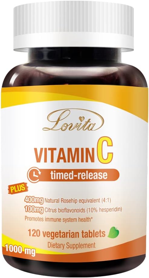 High Potency Lovita Vitamin C with Bioflavonoids & Rose HIPS for Healthy Immune Function, 120 Vegetarian Tablets