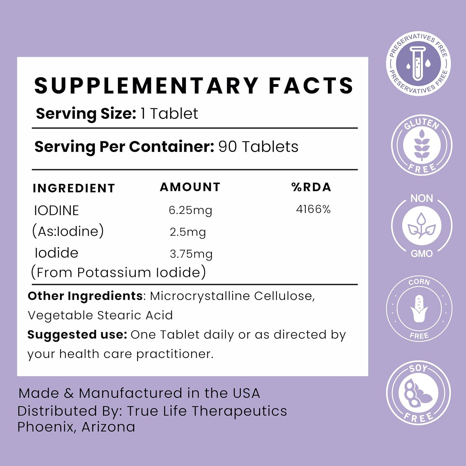 High Potency Lugol's Iodine Tablets 6.25mg - Thyroid Health, Detox, Metabolism, Energy - 90 Tablets