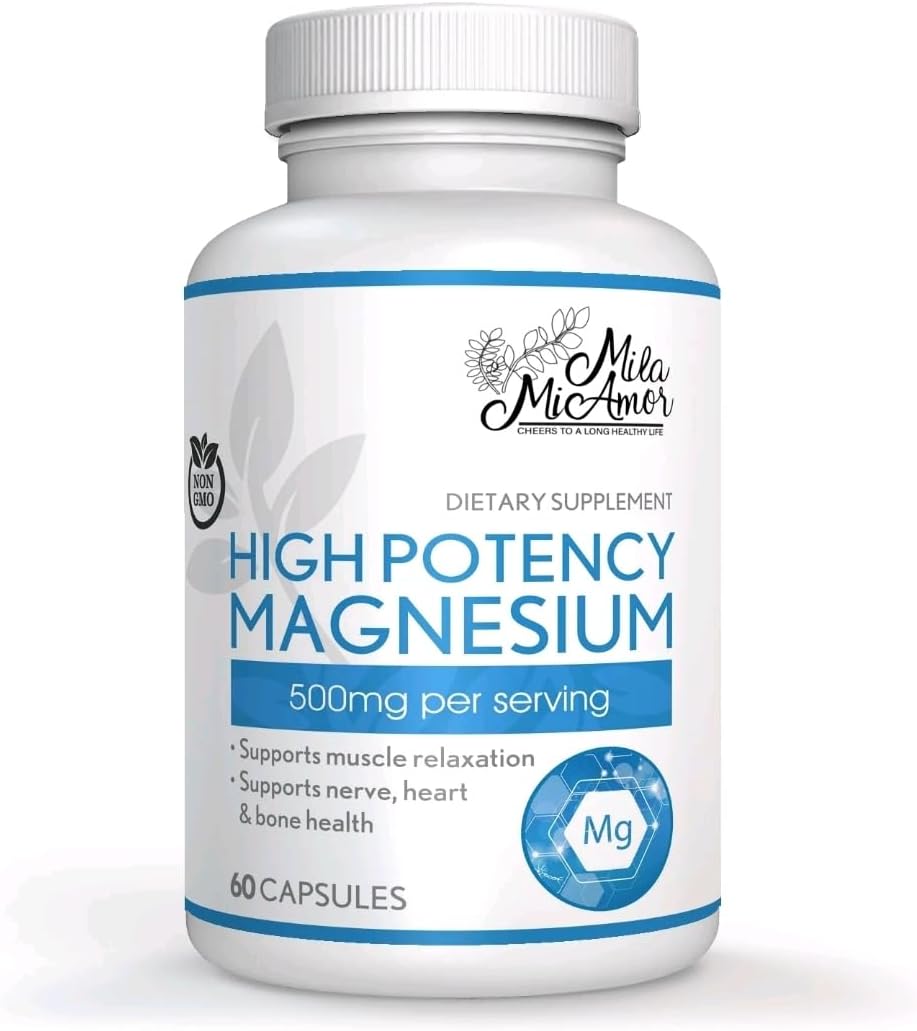 High Potency Magnesium Citrate Supplement for Heart, Nerve, and Bone Health - 500mg, 60 Capsules - Non-GMO, Vegan, Gluten Free - Made in USA