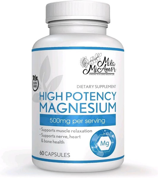 High Potency Magnesium Citrate Supplement for Heart, Nerve, and Bone Health - 500mg, 60 Capsules - Non-GMO, Vegan, Gluten Free - Made in USA