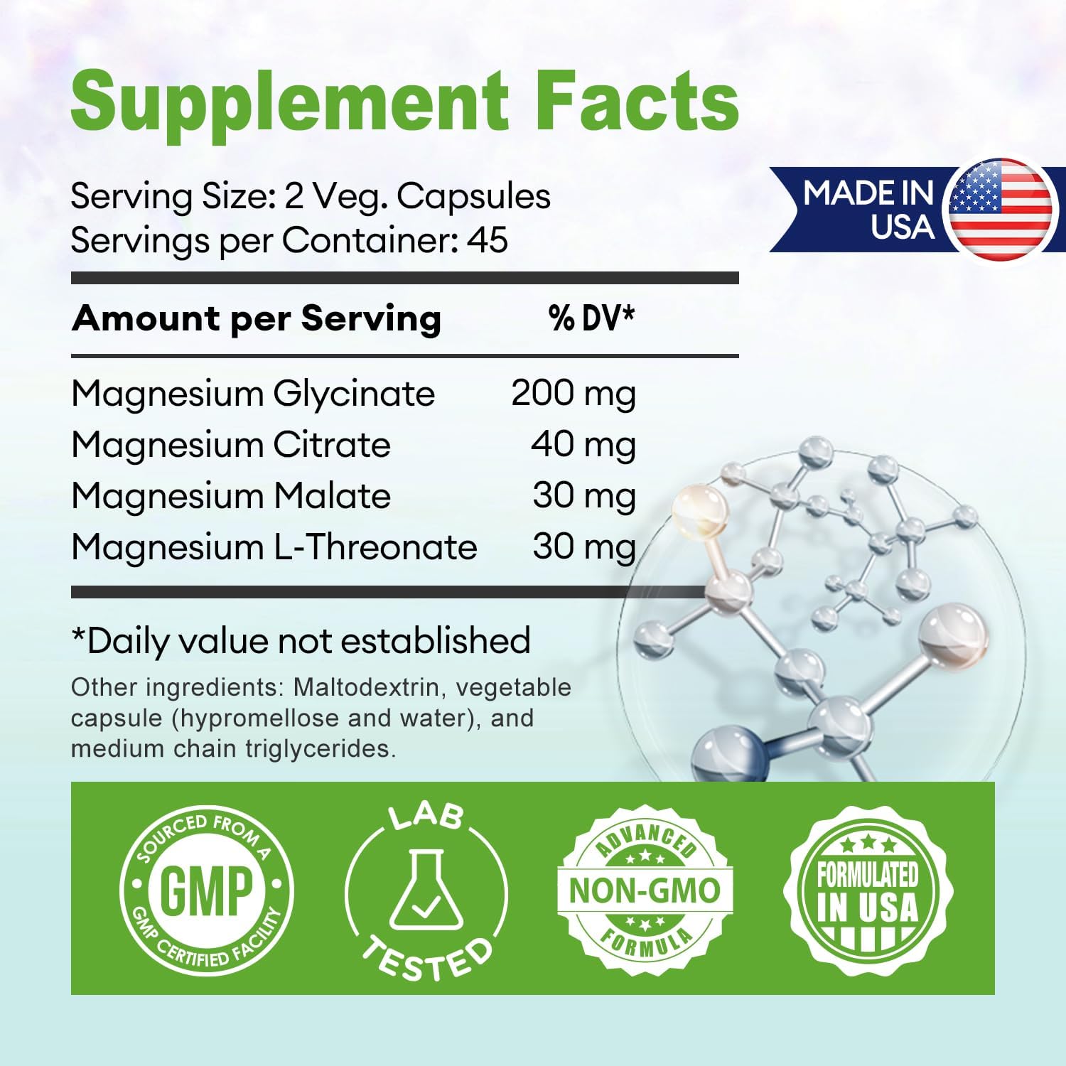High Potency Magnesium Complex Supplement 300mg - Glycinate, Citrate, Malate & L-Threonate Blend