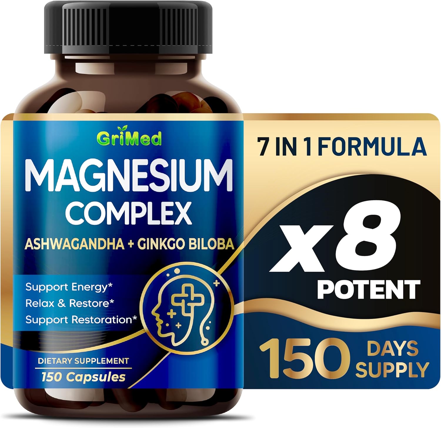 High-Potency Magnesium Complex with Ashwagandha & Ginkgo Biloba for Relaxation and Sleep - 150 Capsules, USA Made & Tested