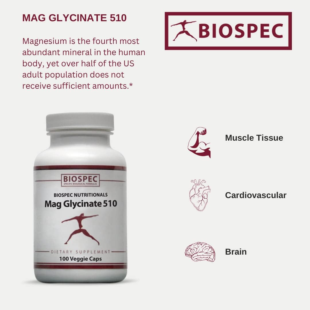 High Potency Magnesium Glycinate 510 for Stress, Heart Health, Energy & Metabolism - 100 Capsules