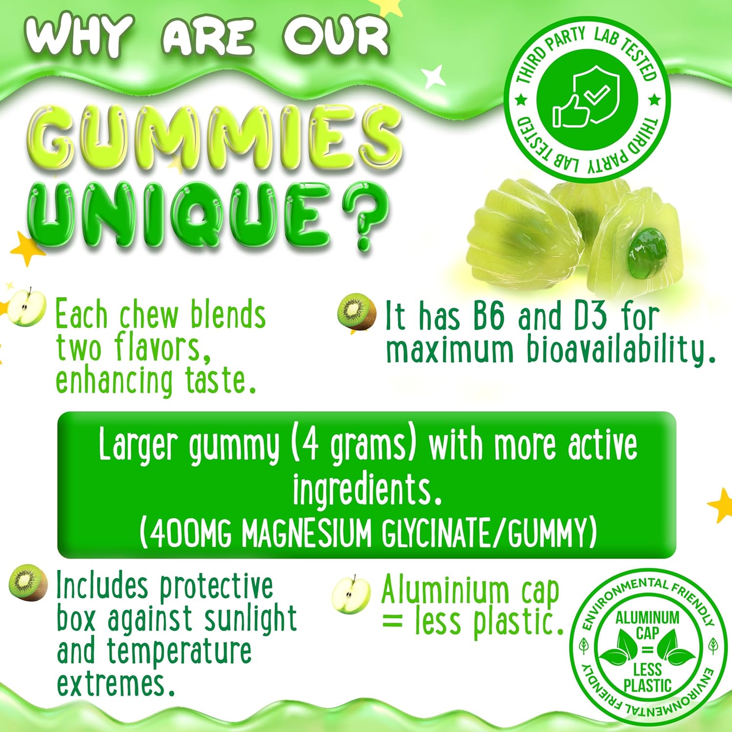 High Potency Magnesium Glycinate Chews with Vitamin D3 & B6 - 60 Calm Chewables for Adults and Kids - Double Flavor Variety Pack