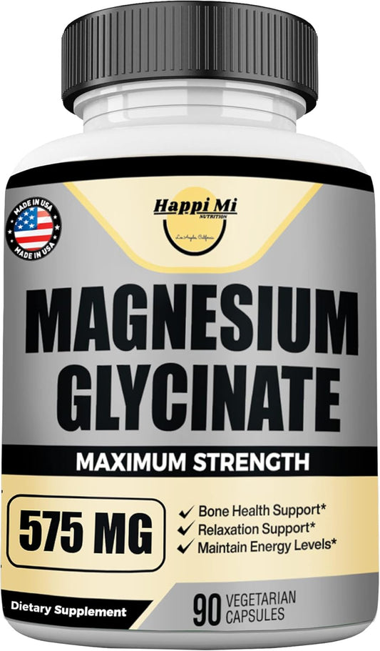 High Potency Magnesium Glycinate Supplement for Muscle & Bone Health - 90 Vegan Capsules, 575mg per Serving, Non-GMO, Promotes Relaxation & Mood Balance