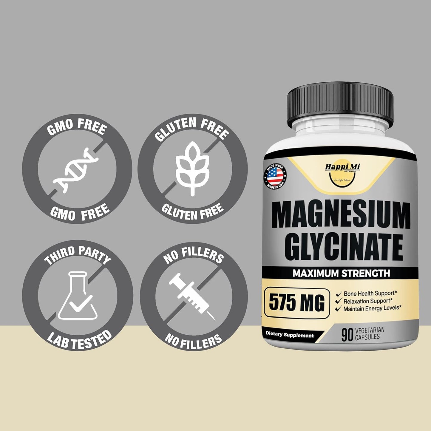 High Potency Magnesium Glycinate Supplement for Muscle & Bone Health - 90 Vegan Capsules, 575mg per Serving, Non-GMO, Promotes Relaxation & Mood Balance