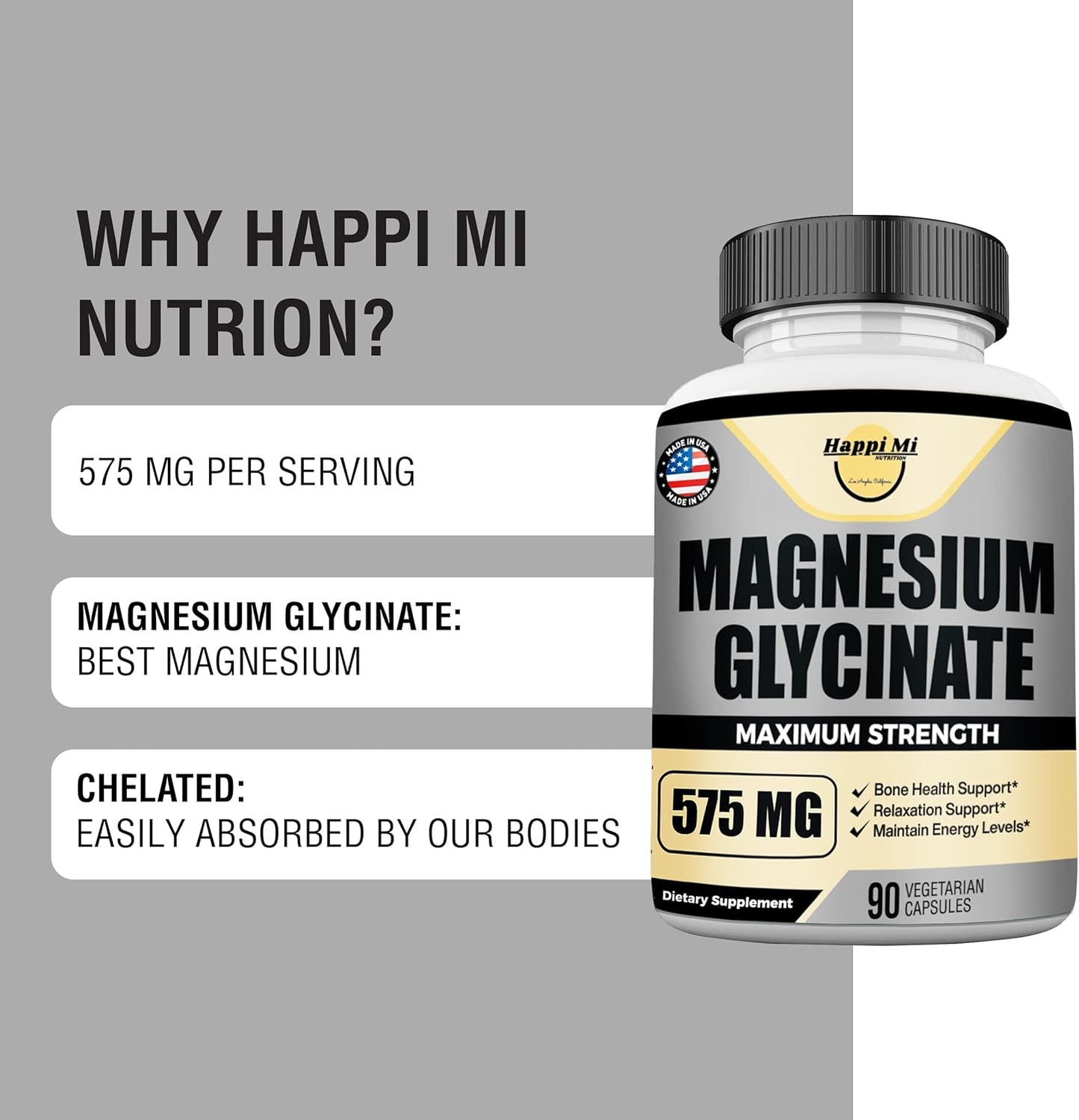High Potency Magnesium Glycinate Supplement for Muscle & Bone Health - 90 Vegan Capsules, 575mg per Serving, Non-GMO, Promotes Relaxation & Mood Balance