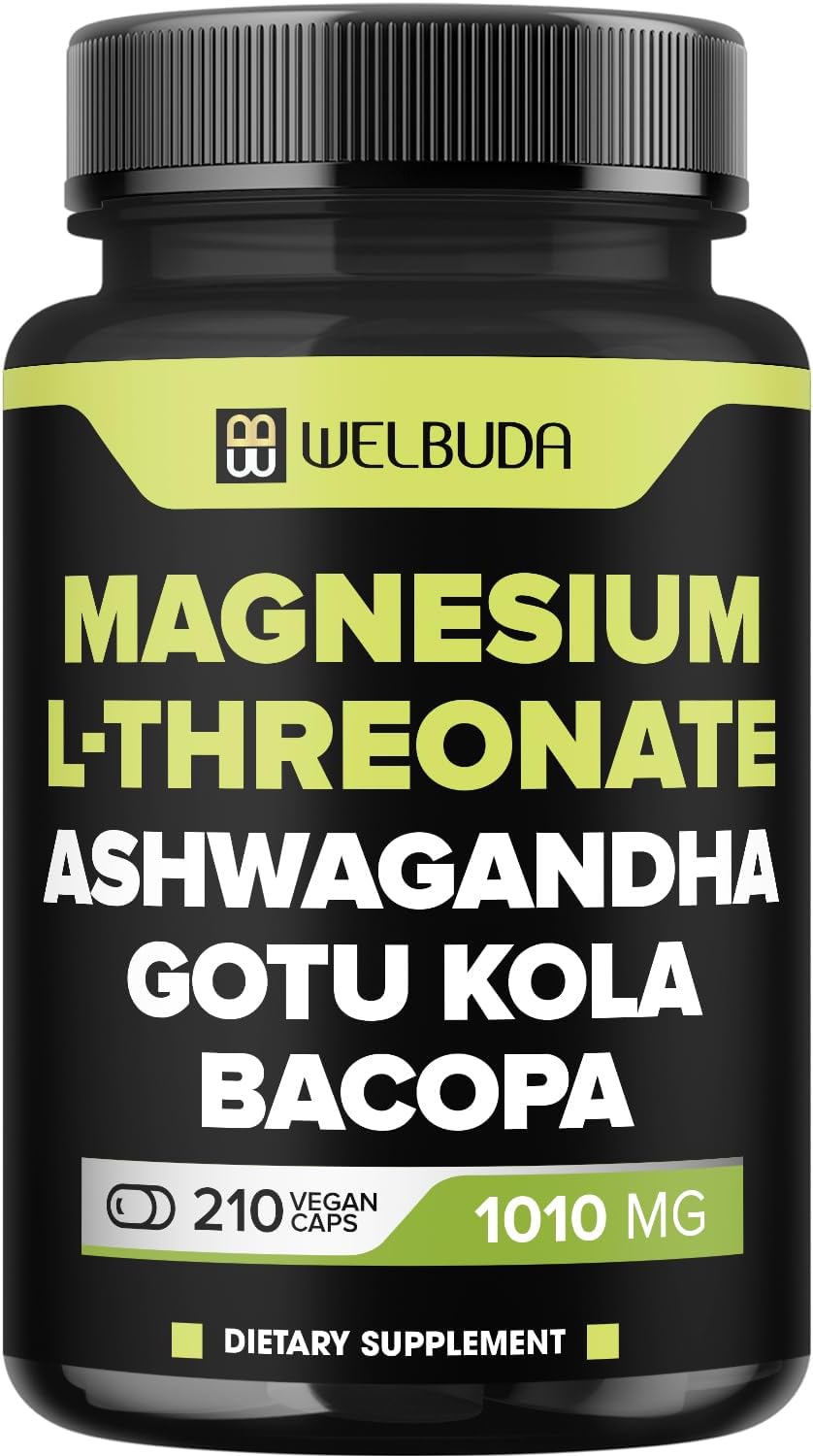 High-Potency Magnesium L-Threonate Capsules with Ashwagandha & Gotu Kola - 210 Capsules, 1010mg