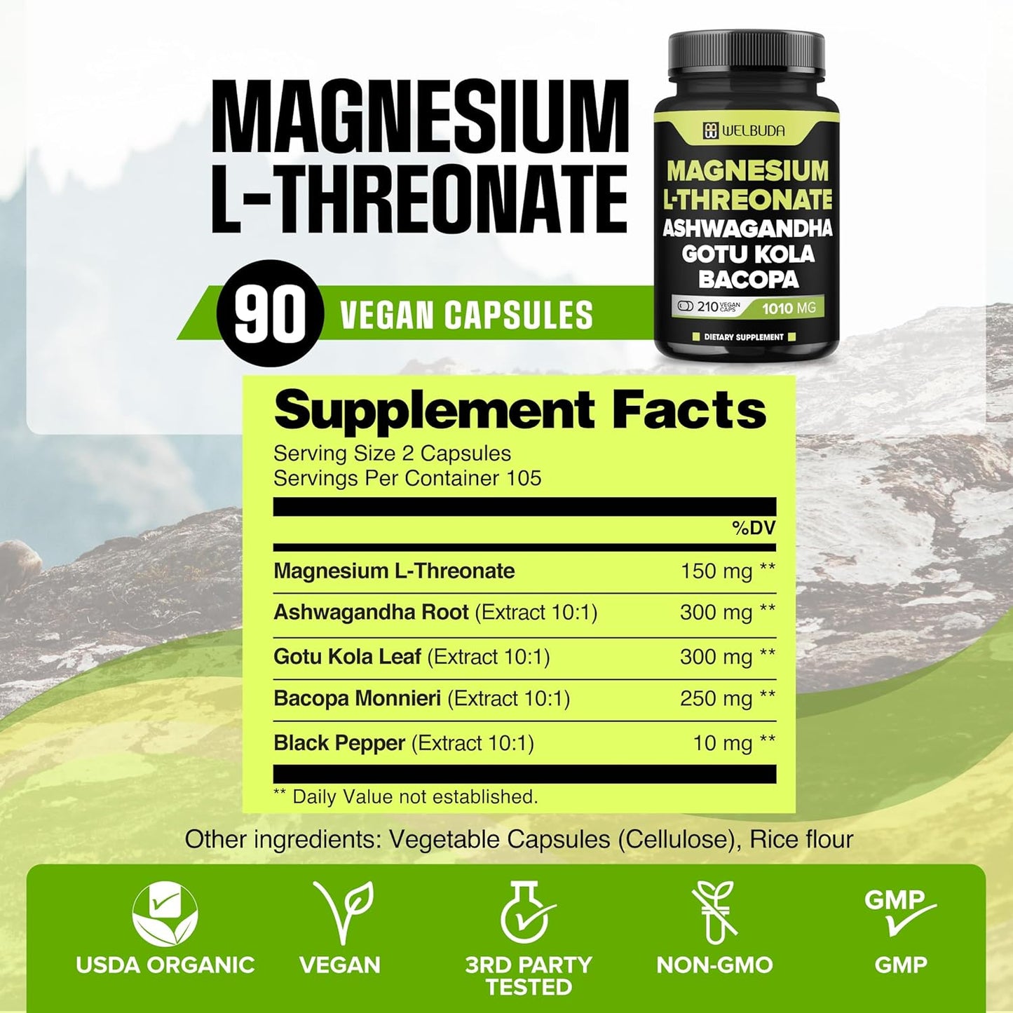 High-Potency Magnesium L-Threonate Capsules with Ashwagandha & Gotu Kola - 210 Capsules, 1010mg