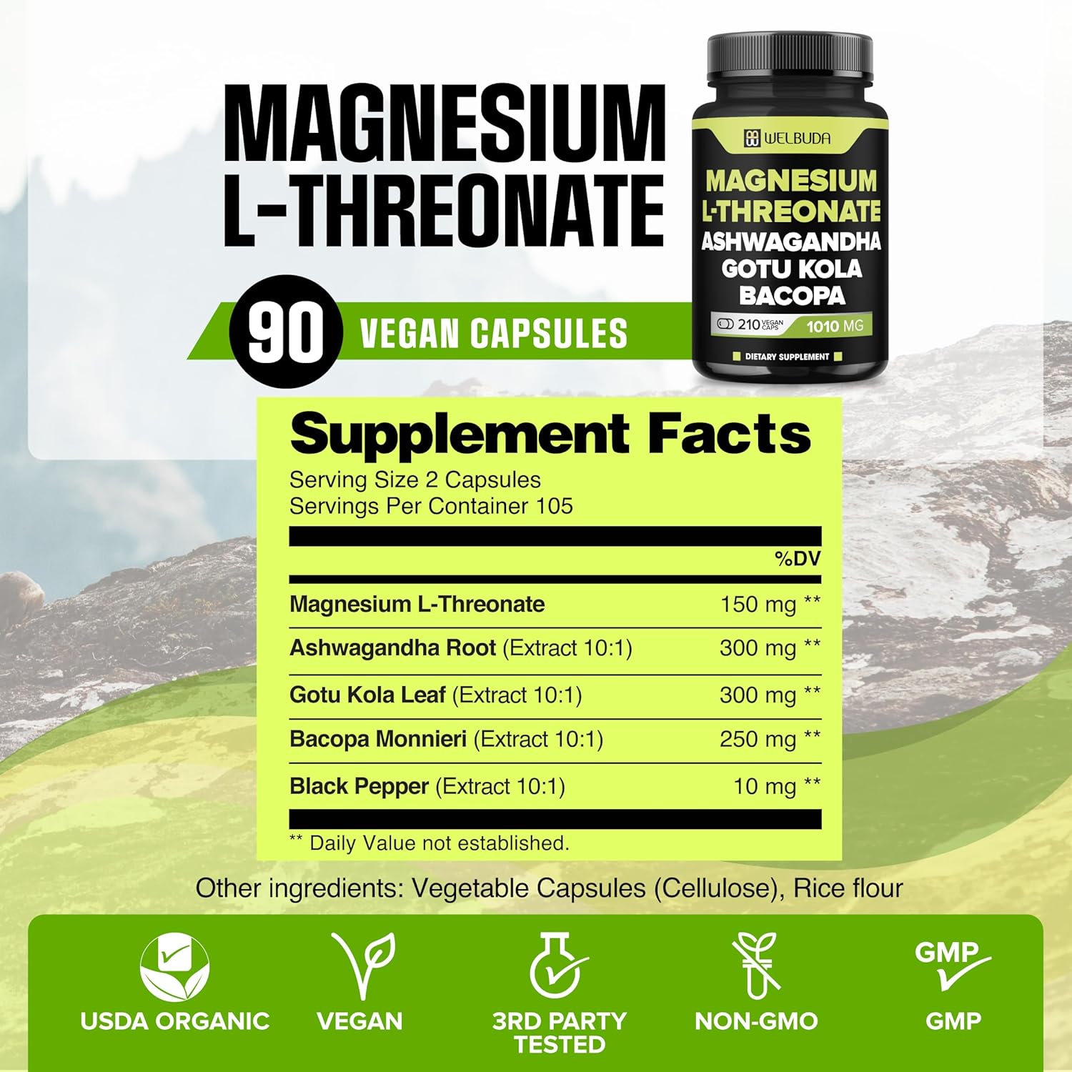 High-Potency Magnesium L-Threonate Capsules with Ashwagandha & Gotu Kola - 210 Capsules, 1010mg