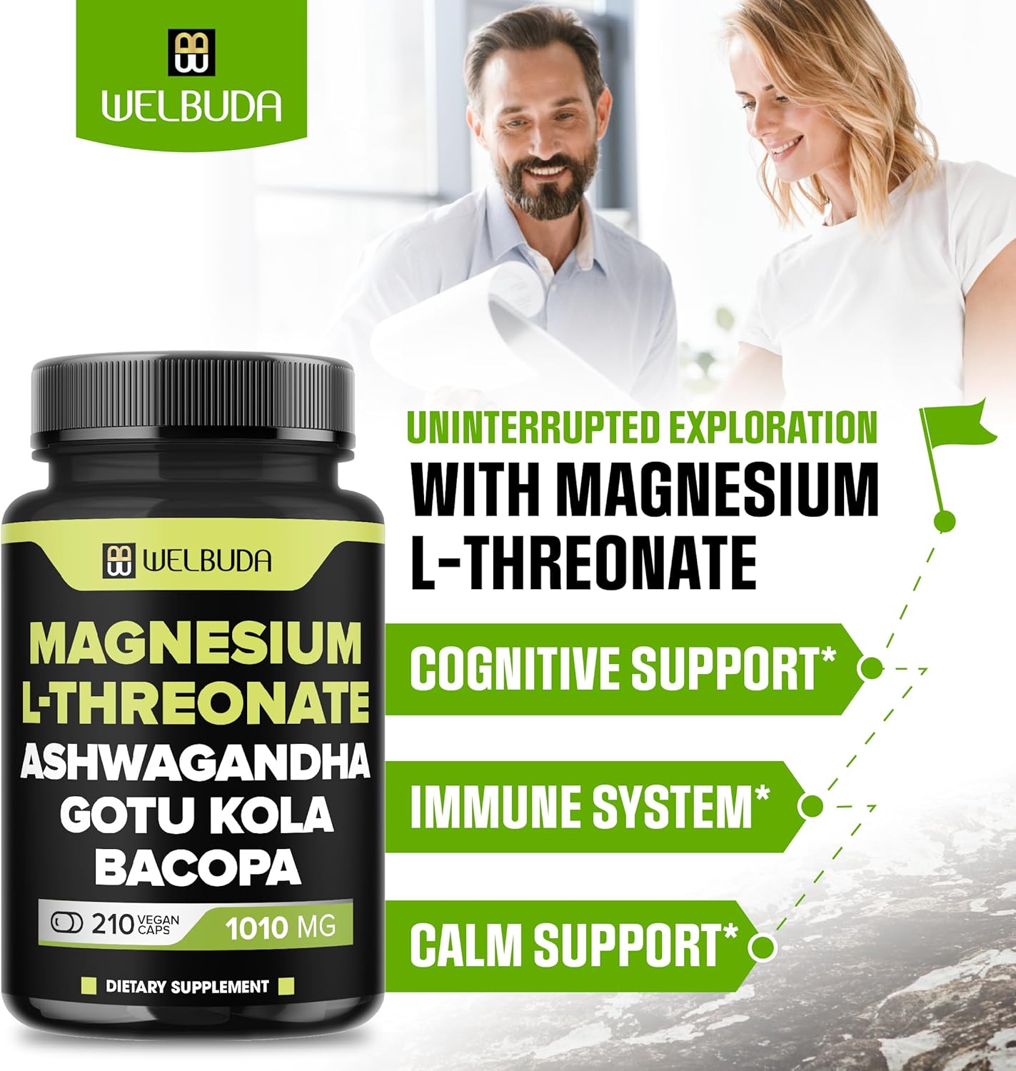 High-Potency Magnesium L-Threonate Capsules with Ashwagandha & Gotu Kola - 210 Capsules, 1010mg