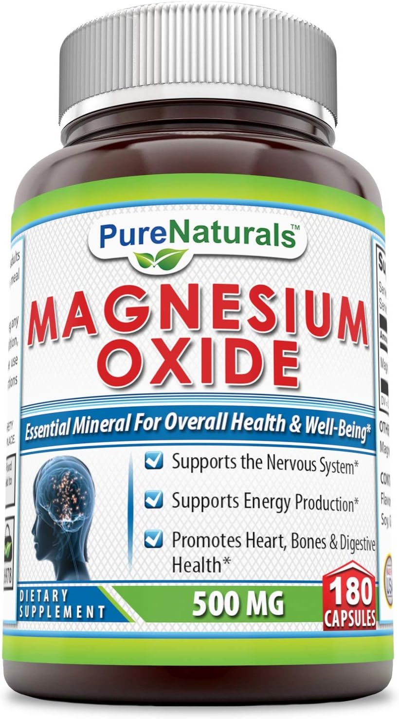 High Potency Magnesium Oxide Supplement | 500mg per Serving | 180 Capsules | Non-GMO | Gluten-Free | USA-Made