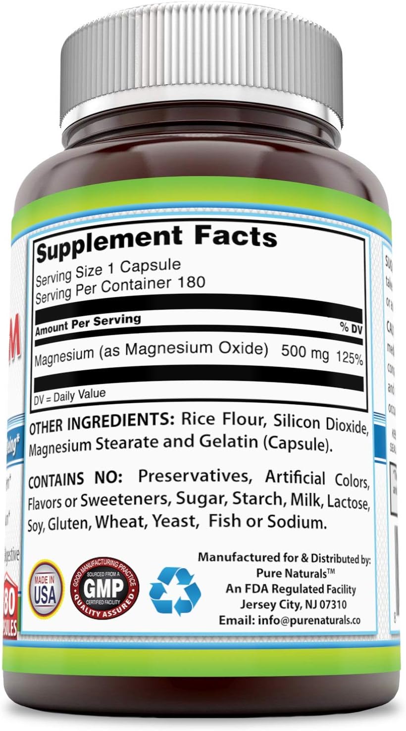 High Potency Magnesium Oxide Supplement | 500mg per Serving | 180 Capsules | Non-GMO | Gluten-Free | USA-Made