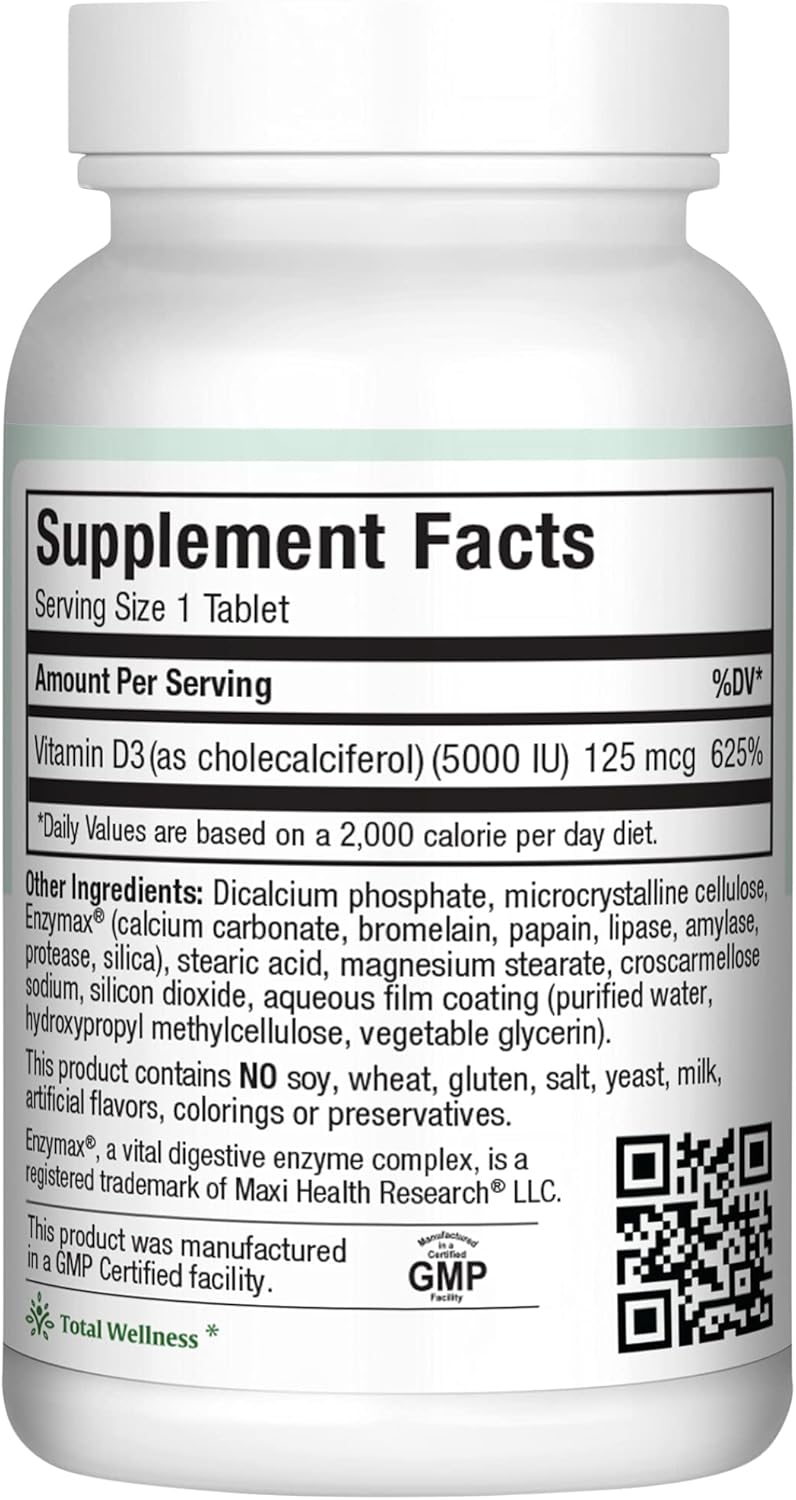 High Potency Maxi Health Vitamin D3 5000 IU Tablets for Healthy Bones, Teeth, Immune Support - Kosher Pure Formula