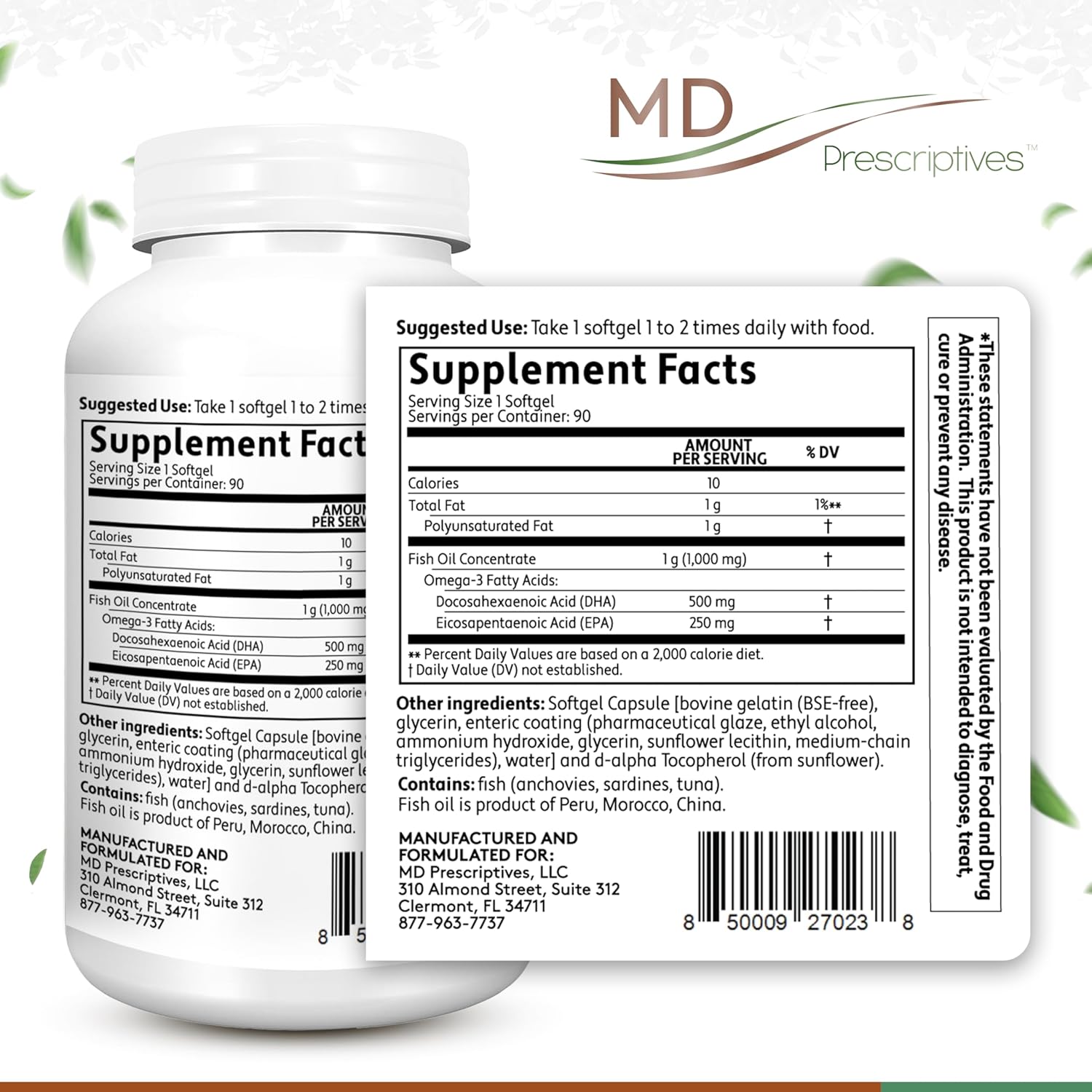 High Potency MD Prescriptives DHA-500 Omega 3 Supplement - Enteric Coated for Maximum Absorption - Daily 500mg DHA Softgels - 90 Count