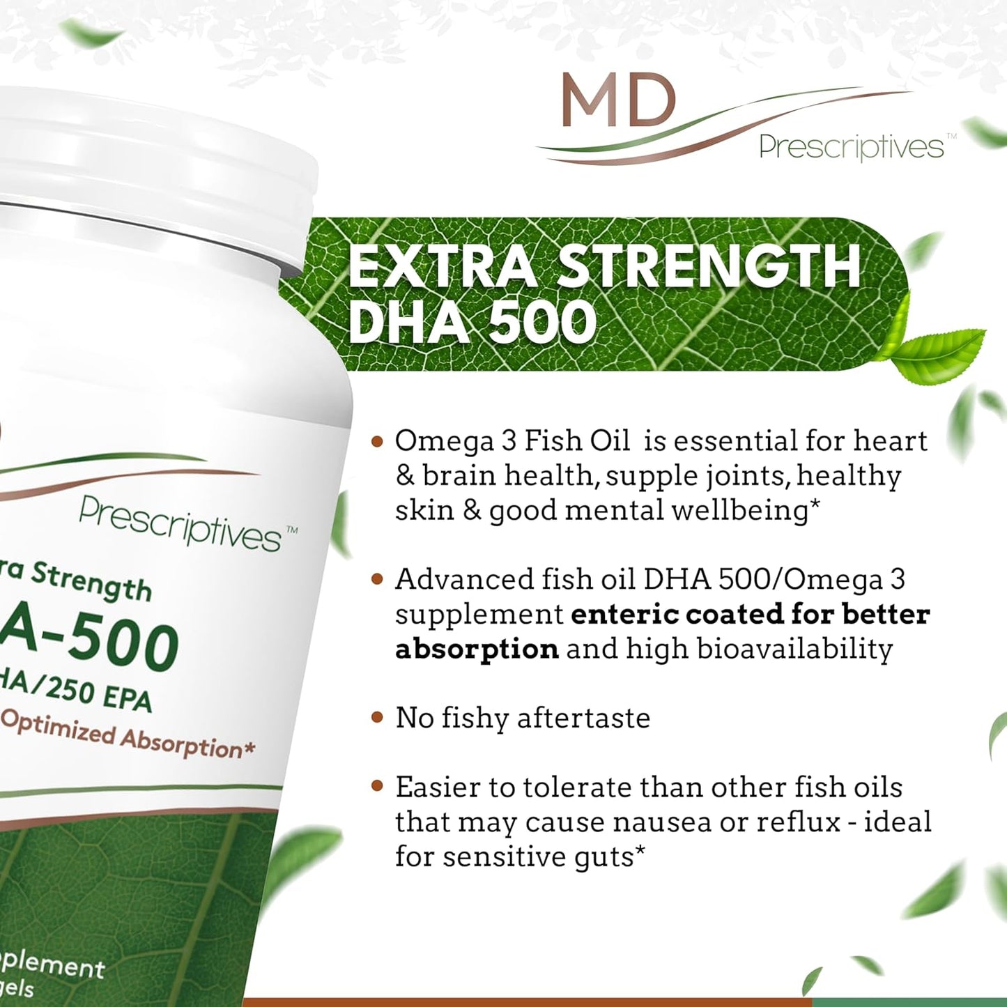High Potency MD Prescriptives DHA-500 Omega 3 Supplement - Enteric Coated for Maximum Absorption - Daily 500mg DHA Softgels - 90 Count