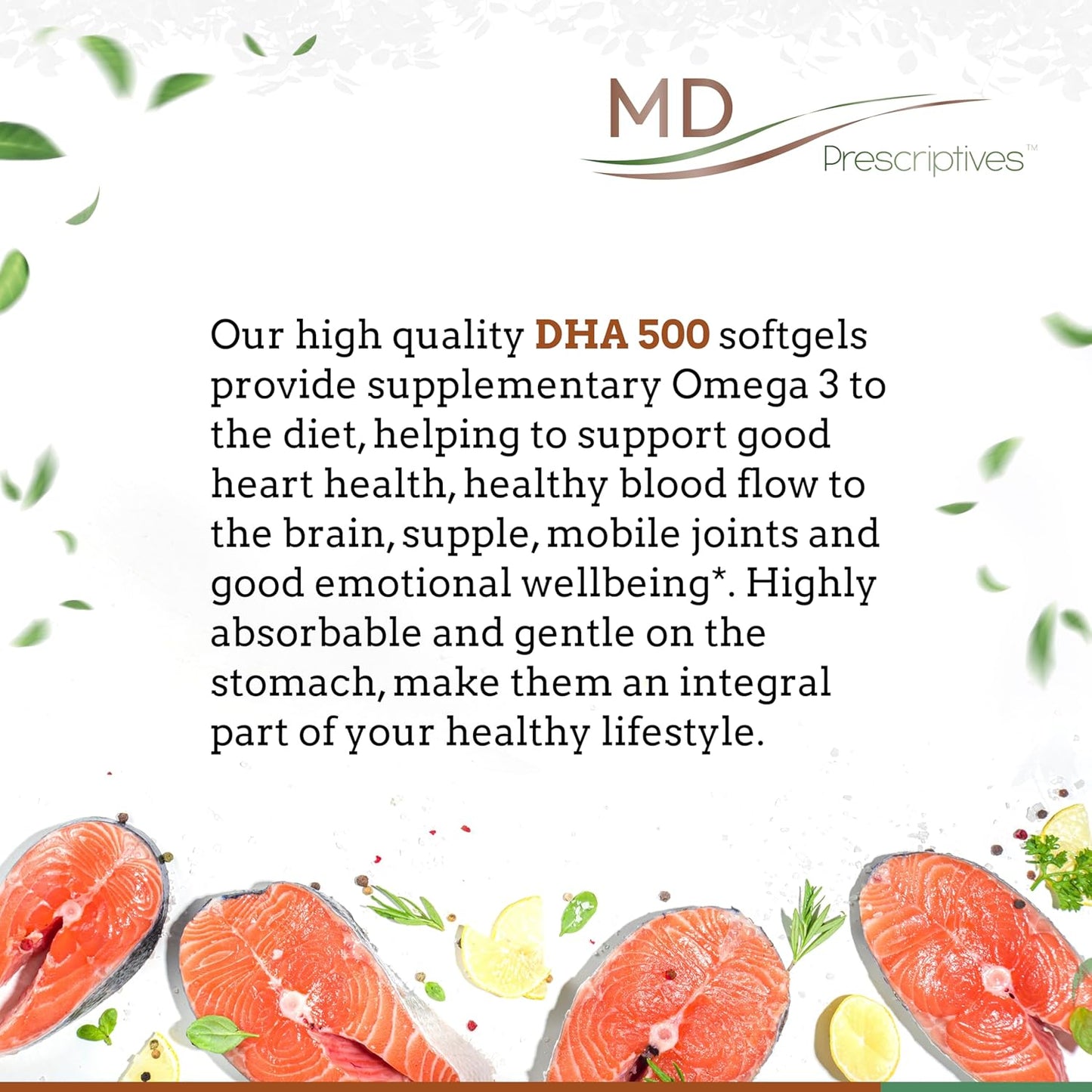 High Potency MD Prescriptives DHA-500 Omega 3 Supplement - Enteric Coated for Maximum Absorption - Daily 500mg DHA Softgels - 90 Count