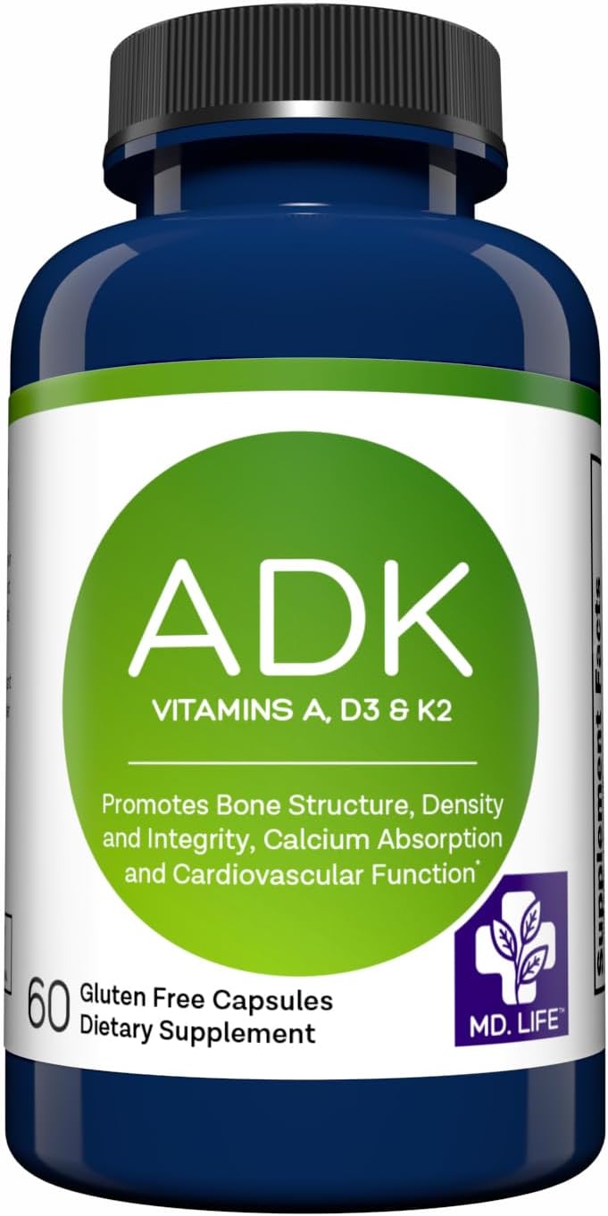 High Potency MD.LIFE Vitamin ADK Supplement for Bone and Heart Health - 60 Capsules - Vitamin D3 K2 A Complex for Strong Bones and Cardiovascular Support