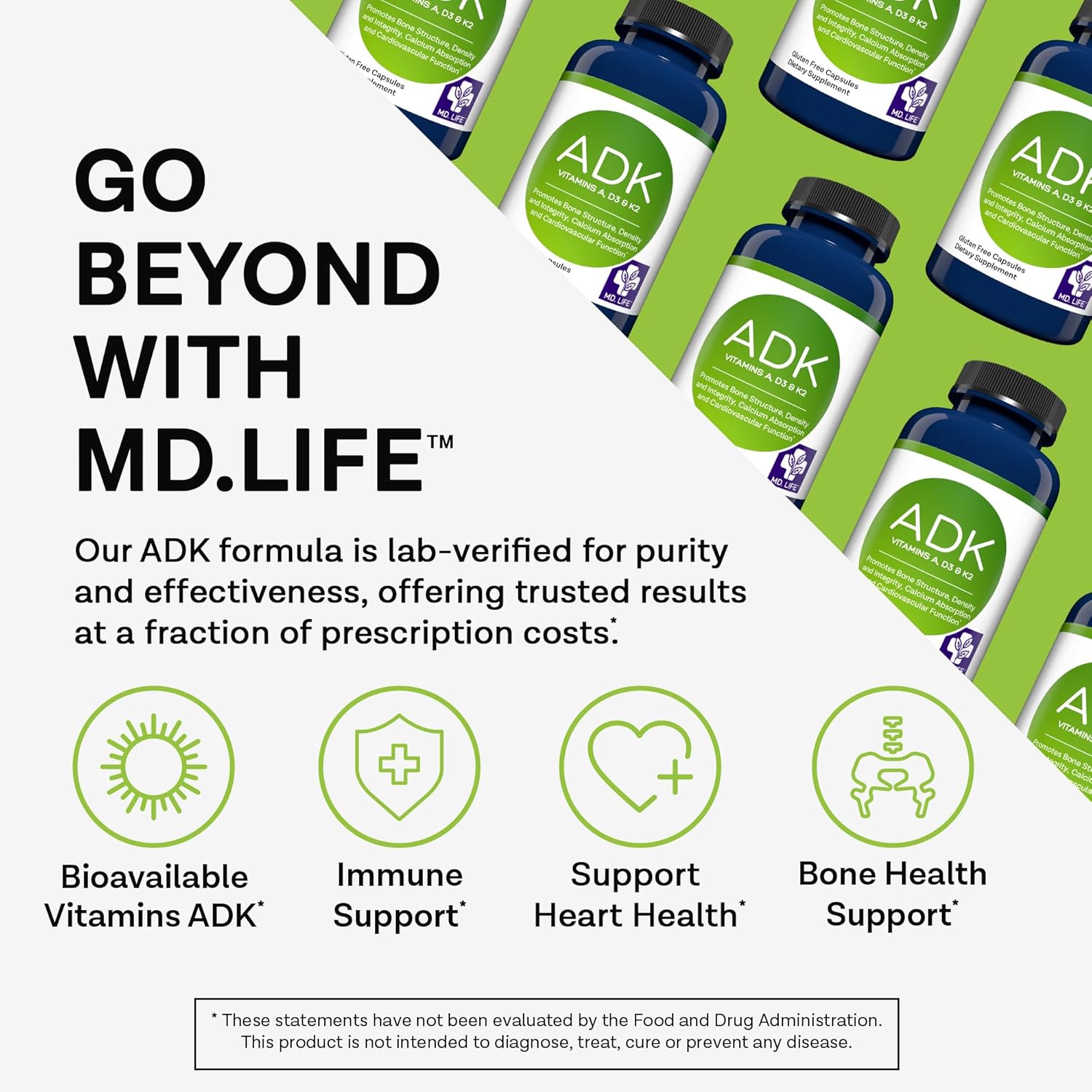 High Potency MD.LIFE Vitamin ADK Supplement for Bone and Heart Health - 60 Capsules - Vitamin D3 K2 A Complex for Strong Bones and Cardiovascular Support