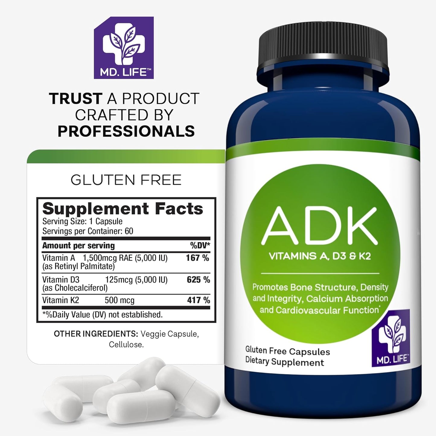 High Potency MD.LIFE Vitamin ADK Supplement for Bone and Heart Health - 60 Capsules - Vitamin D3 K2 A Complex for Strong Bones and Cardiovascular Support