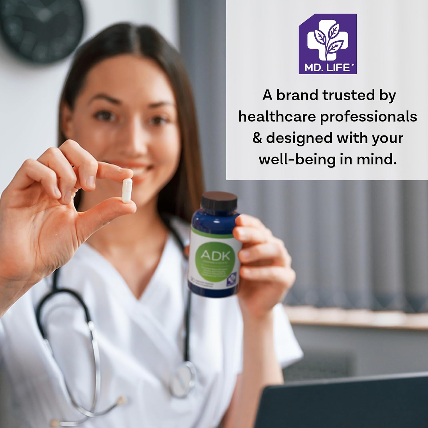 High Potency MD.LIFE Vitamin ADK Supplement for Bone and Heart Health - 60 Capsules - Vitamin D3 K2 A Complex for Strong Bones and Cardiovascular Support