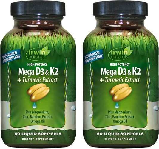 High Potency Mega D3 & K2 with Turmeric Extract for Bone Health, Immunity & Mood - Advanced Absorption Formula - 60 Softgels