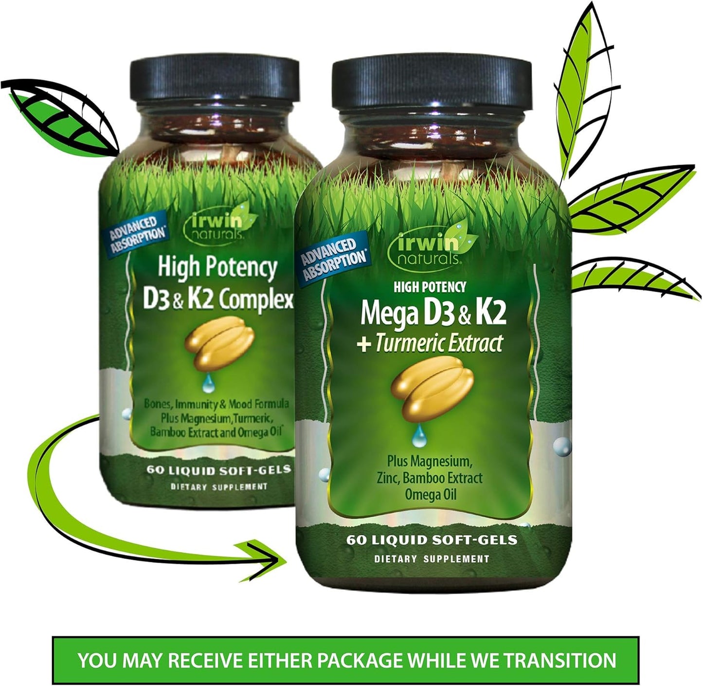 High Potency Mega D3 & K2 with Turmeric Extract for Bone Health, Immunity & Mood - Advanced Absorption Formula - 60 Softgels