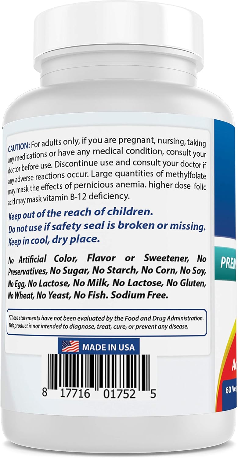 High Potency Methyl Folate Veggie Capsules for Cell Growth, Brain Health - 7500 mcg, 60 Count