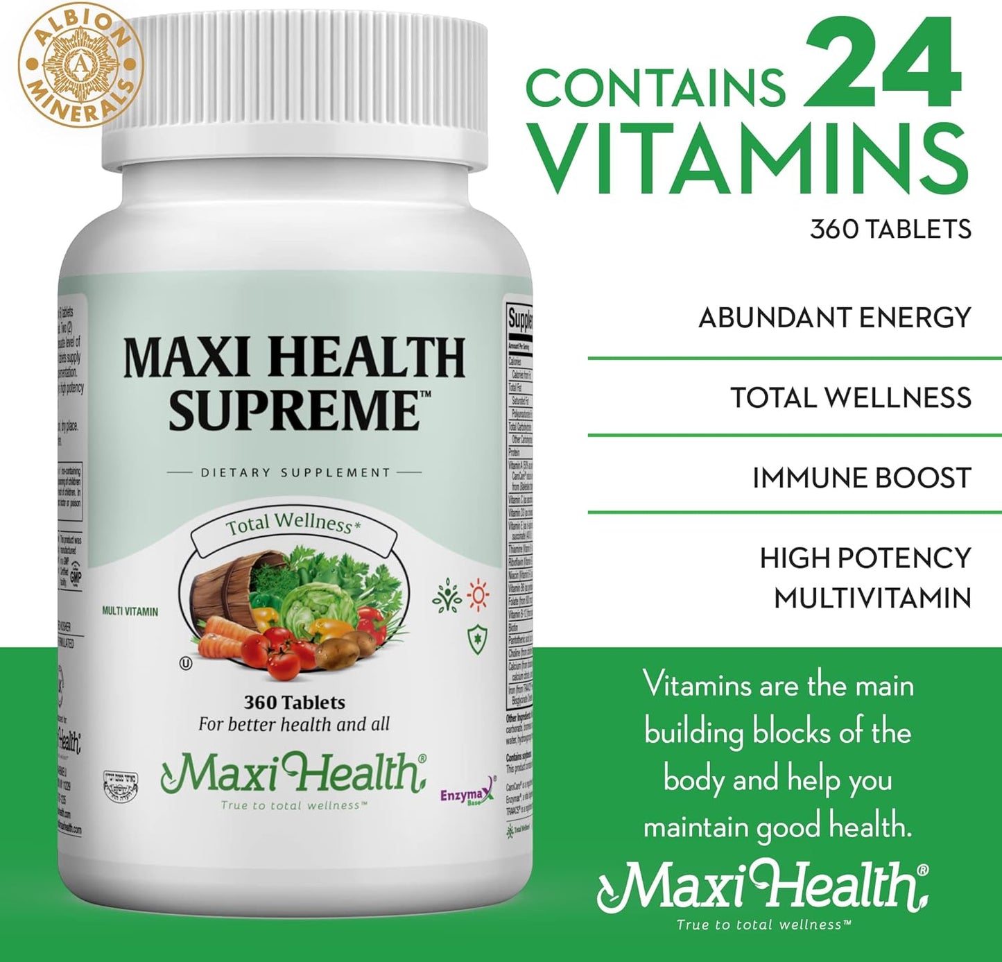 High Potency Multivitamin & Mineral Supplement for Immune Support, Antioxidant Defense, Includes Vitamin A, C, D, E, B12, B6, Biotin, Selenium, Zinc, Inositol - Maxi Health Supreme
