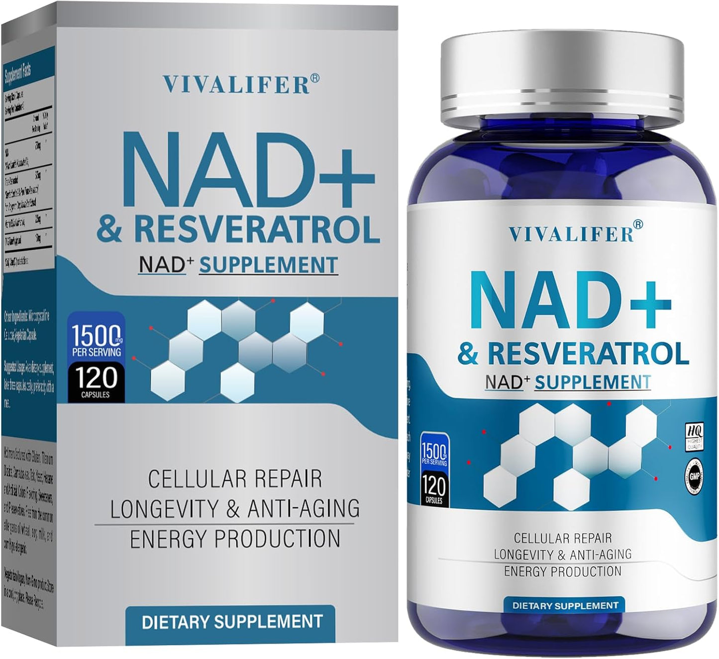 High Potency NAD+ & Resveratrol Supplement - 1500mg - 120 Capsules for Anti-Aging, Antioxidant Support, and Energy Boost - NMN Alternative