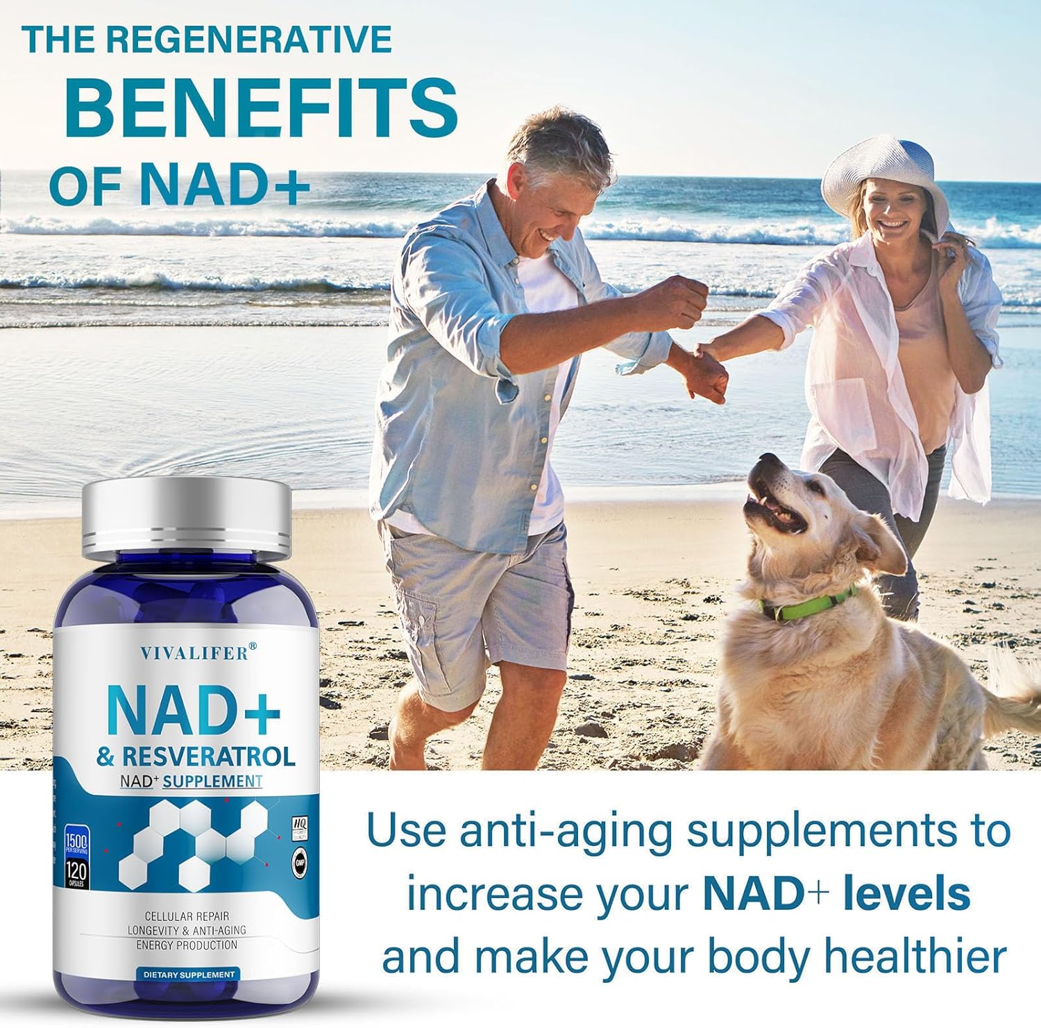 High Potency NAD+ & Resveratrol Supplement - 1500mg - 120 Capsules for Anti-Aging, Antioxidant Support, and Energy Boost - NMN Alternative