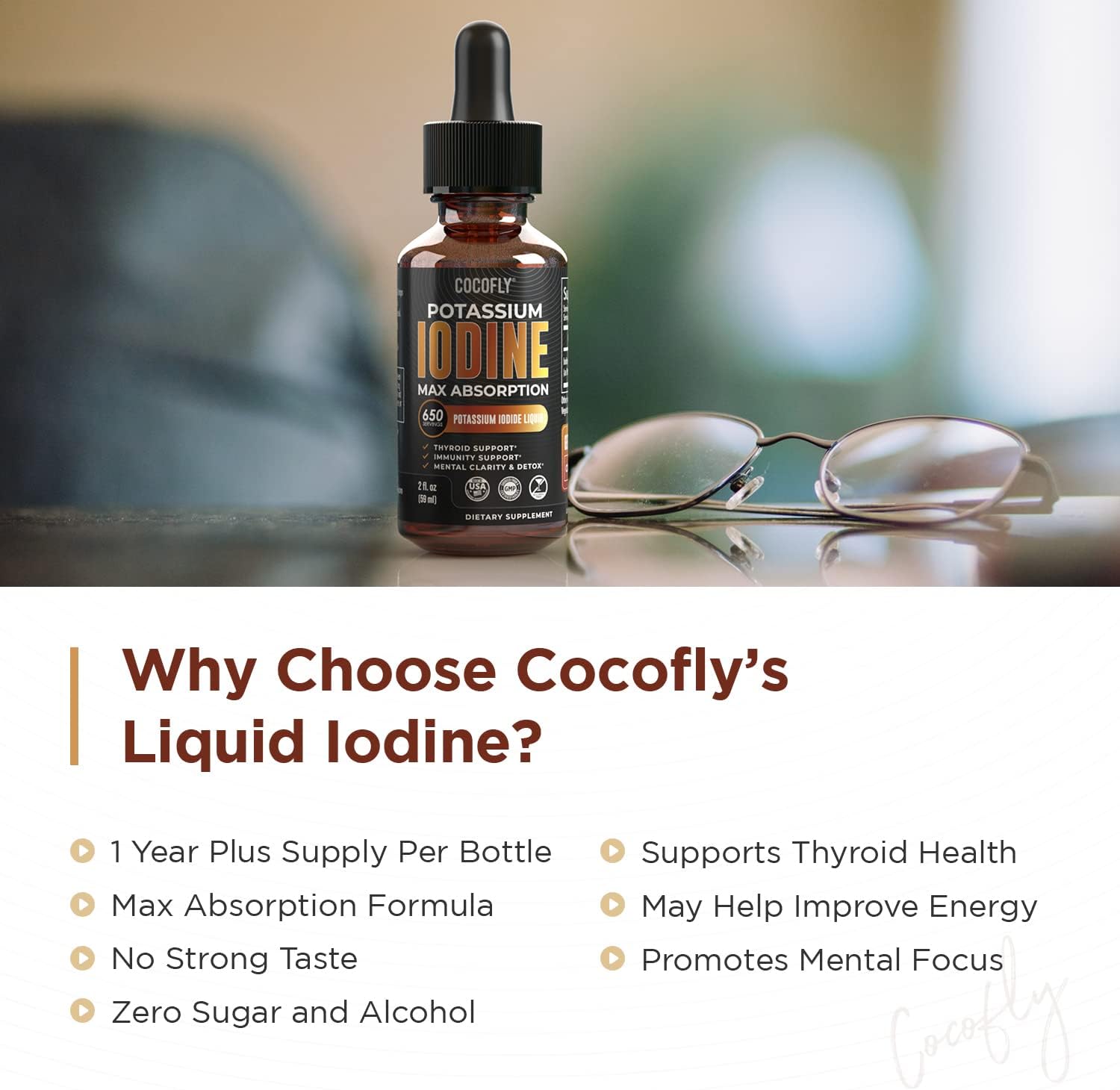 High Potency Nascent Iodine Drops - COCOFLY Premium Potassium Iodide Liquid Supplement for Thyroid Support, Immunity, Metabolism, Energy Boost, Cleanse & Detox - Alcohol-Free Formula for Men & Women, 650 Servings