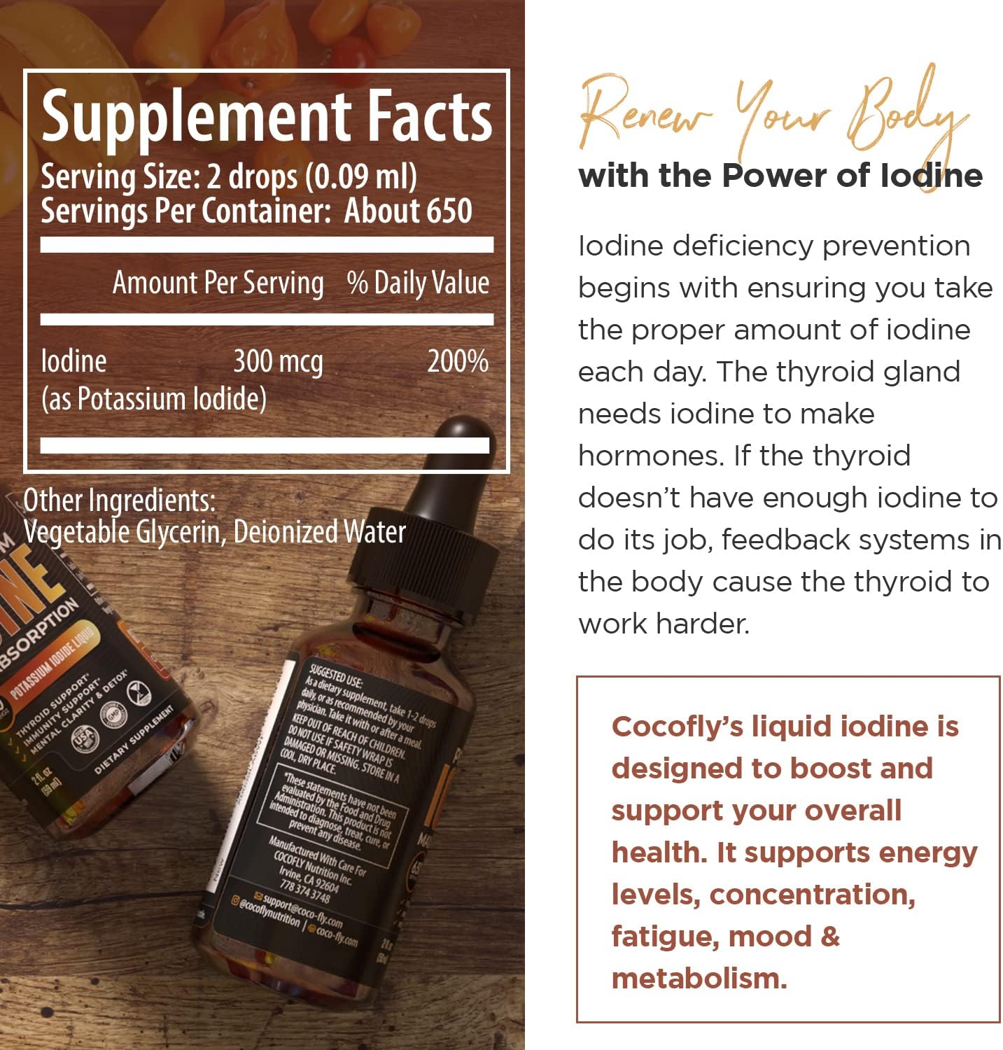 High Potency Nascent Iodine Drops - COCOFLY Premium Potassium Iodide Liquid Supplement for Thyroid Support, Immunity, Metabolism, Energy Boost, Cleanse & Detox - Alcohol-Free Formula for Men & Women, 650 Servings