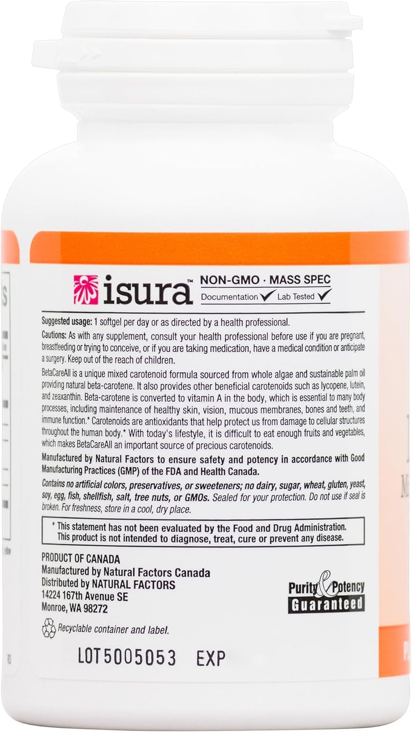 High Potency Natural Factors BetaCareAll Vitamin A Softgels - 25,000 IU for Skin, Vision, Immunity - 90 Count