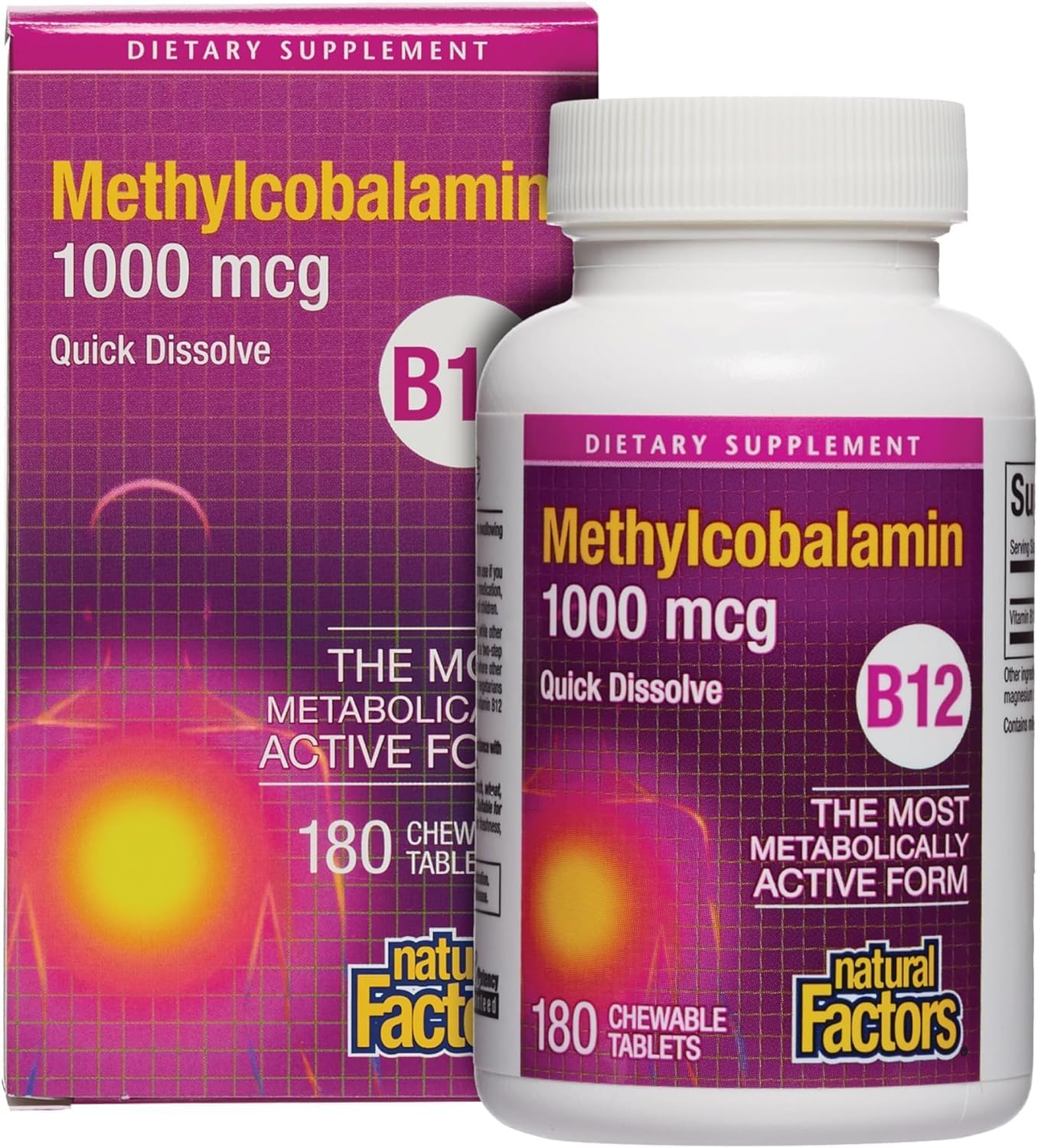 High Potency Natural Factors Vitamin B12 Methylcobalamin 1,000 mcg Chewable Tablets - 180 Count