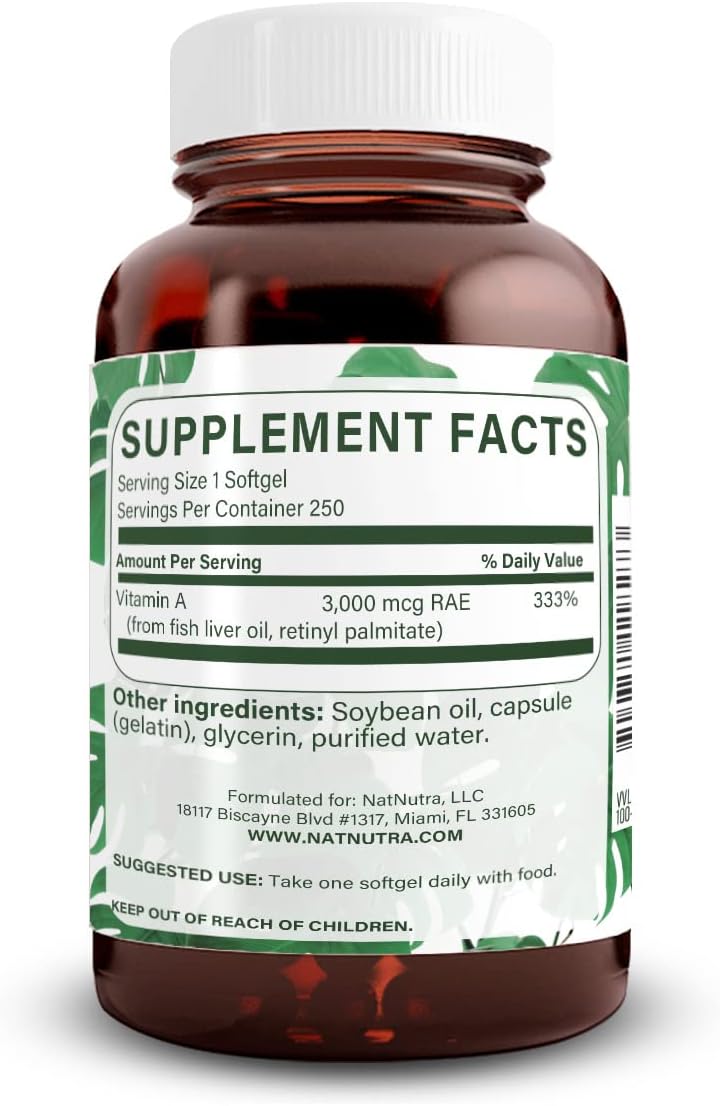 High Potency Natural Nutra Vitamin A 10,000 IU Softgels for Eye and Skin Health - Gluten-Free Supplement with Fish Liver Oil - 250 Softgels for Men and Women