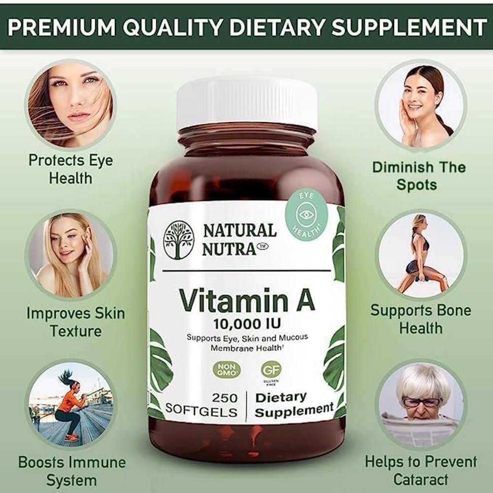 High Potency Natural Nutra Vitamin A 10,000 IU Softgels for Eye and Skin Health - Gluten-Free Supplement with Fish Liver Oil - 500 Softgels for Men and Women - Pack of 2