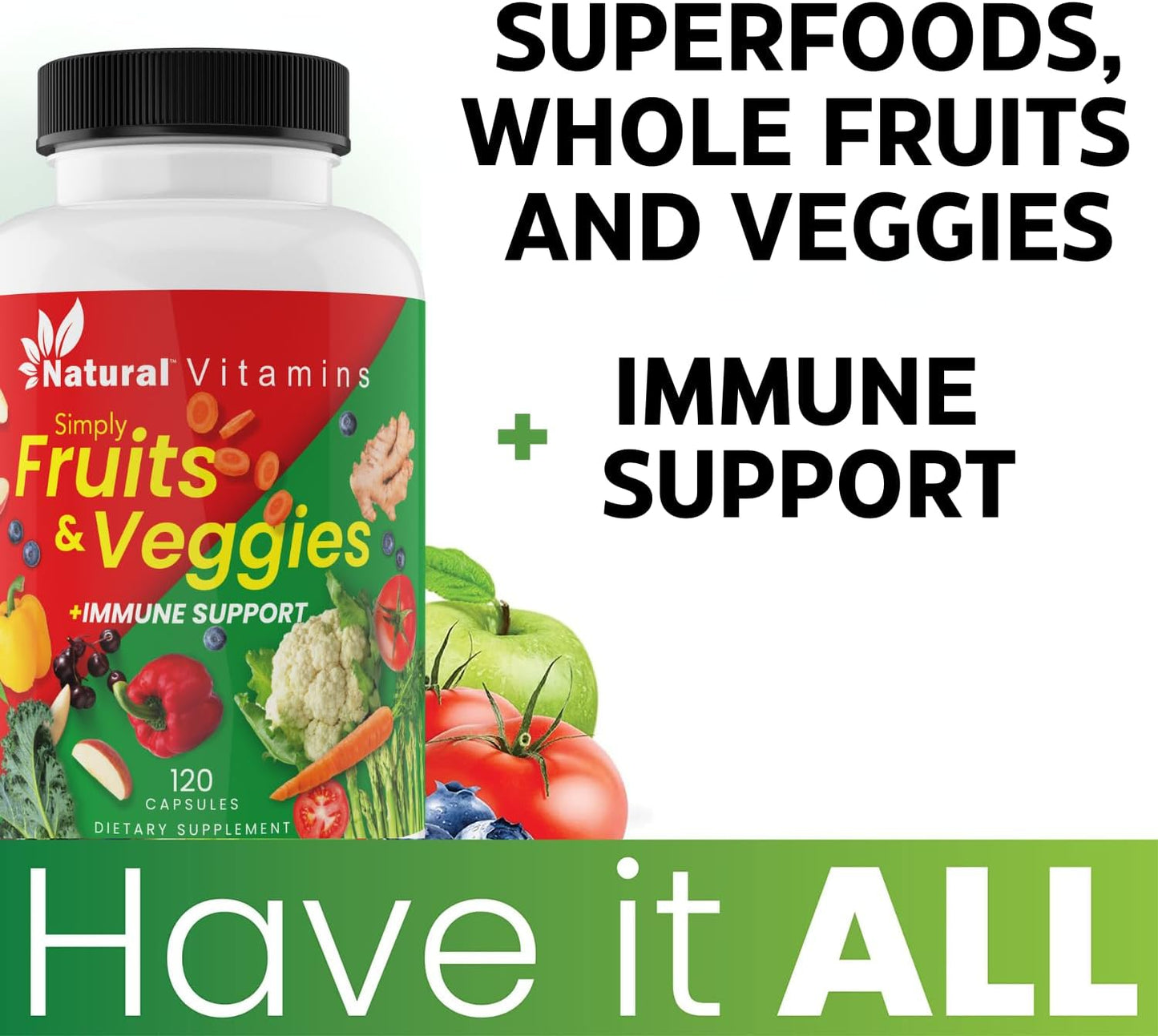High-Potency Natural Vitamins Fruits & Veggies Supplement Capsules for Daily Wellness - Essential Vitamins, Antioxidants, Minerals - Balanced Nutrition & Optimal Health - Red & Green Blend