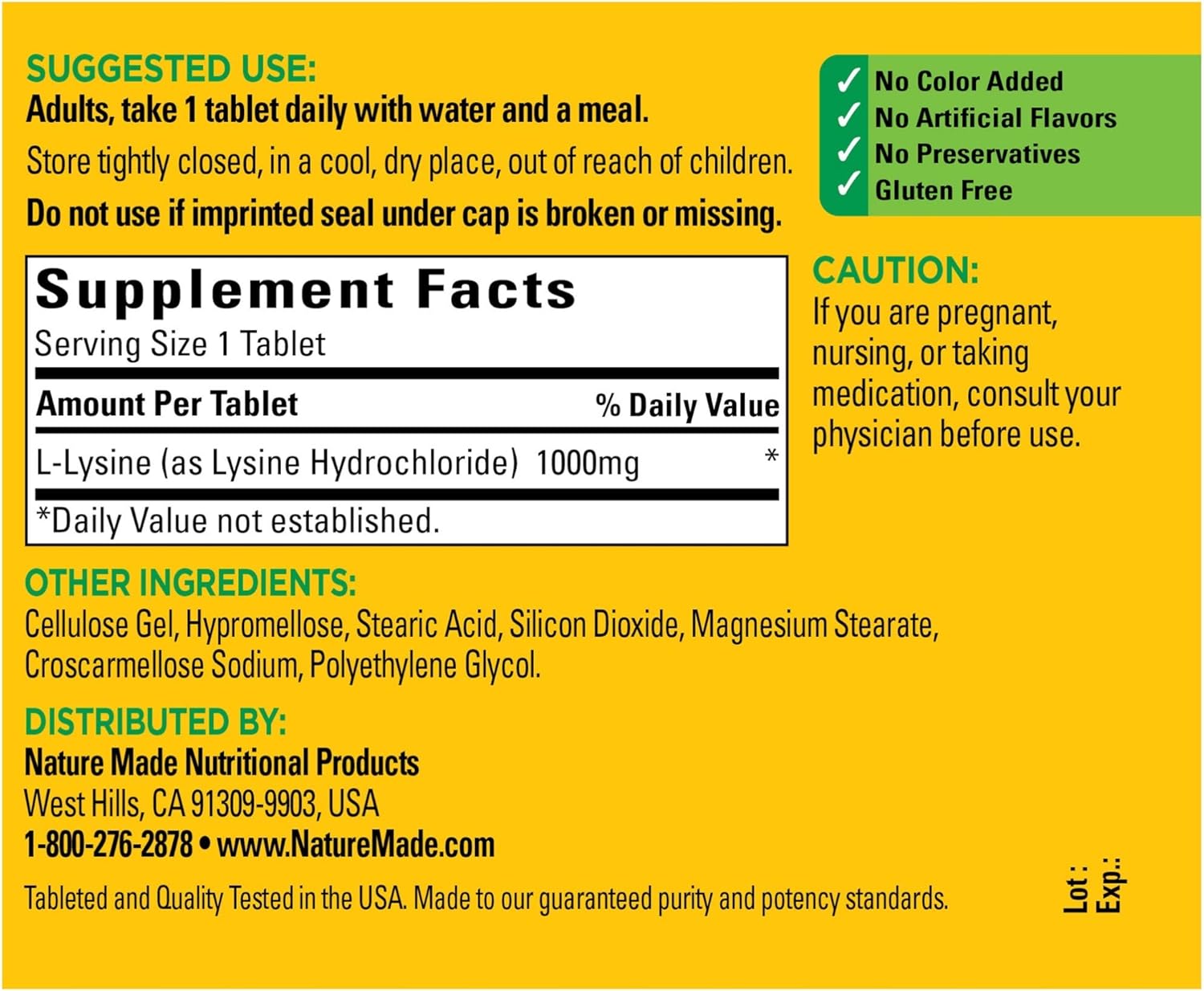 High Potency Nature Made L-Lysine 1000 mg Tablets - 60 Count for Enhanced Protein Synthesis