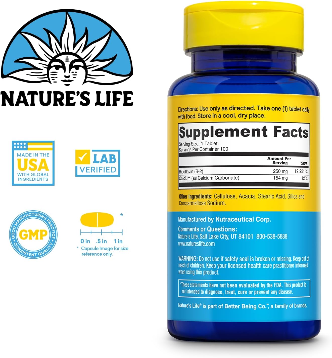 High-Potency Nature's Life Vitamin B-2 250 mg Energy Pills with Calcium - Metabolism Support Supplement - 100 Tablets, 100 Servings