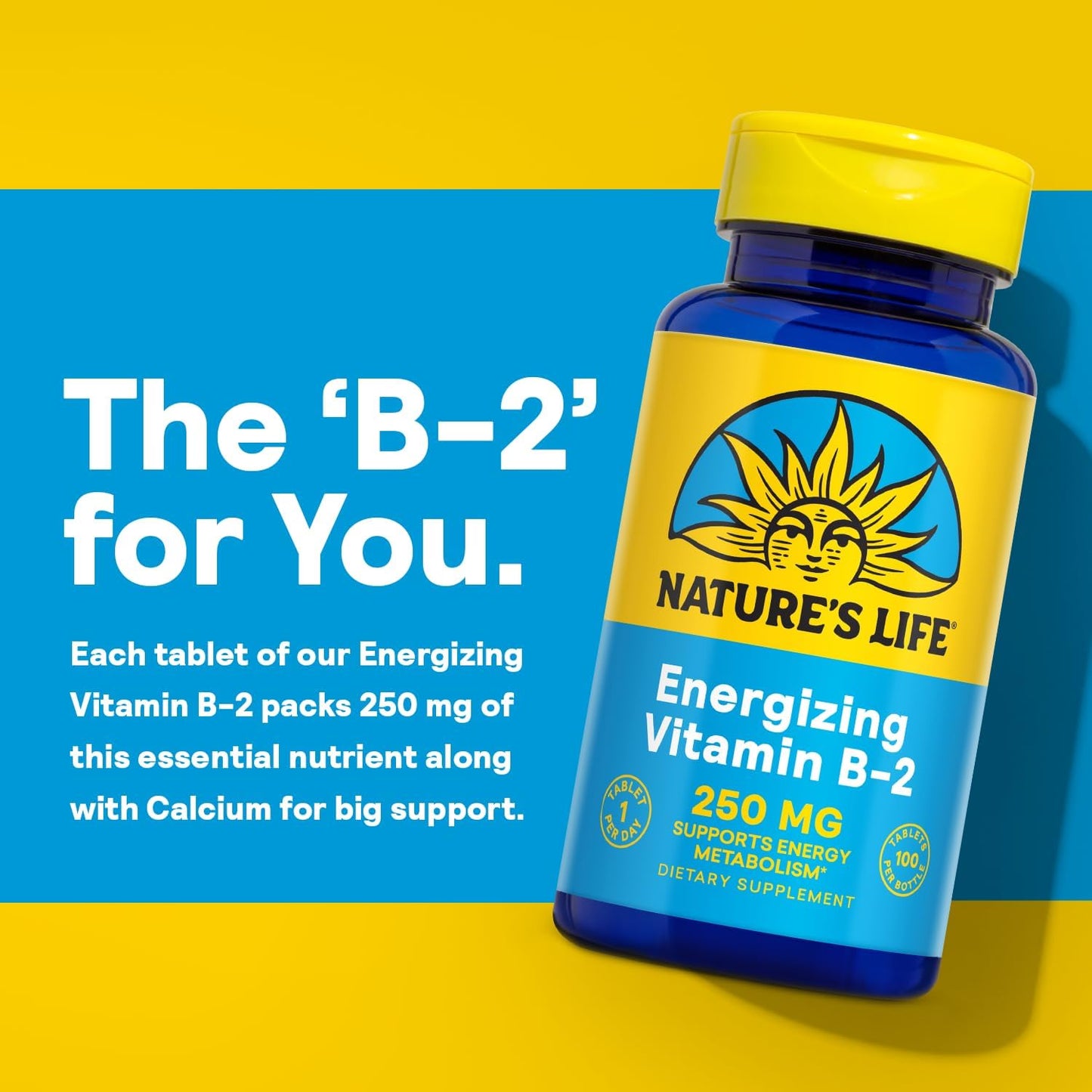 High-Potency Nature's Life Vitamin B-2 250 mg Energy Pills with Calcium - Metabolism Support Supplement - 100 Tablets, 100 Servings