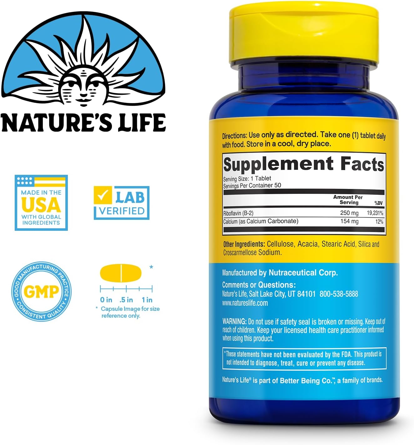 High-Potency Nature's Life Vitamin B-2 250mg Energy Pills with Calcium - Metabolism Support - 50 Servings